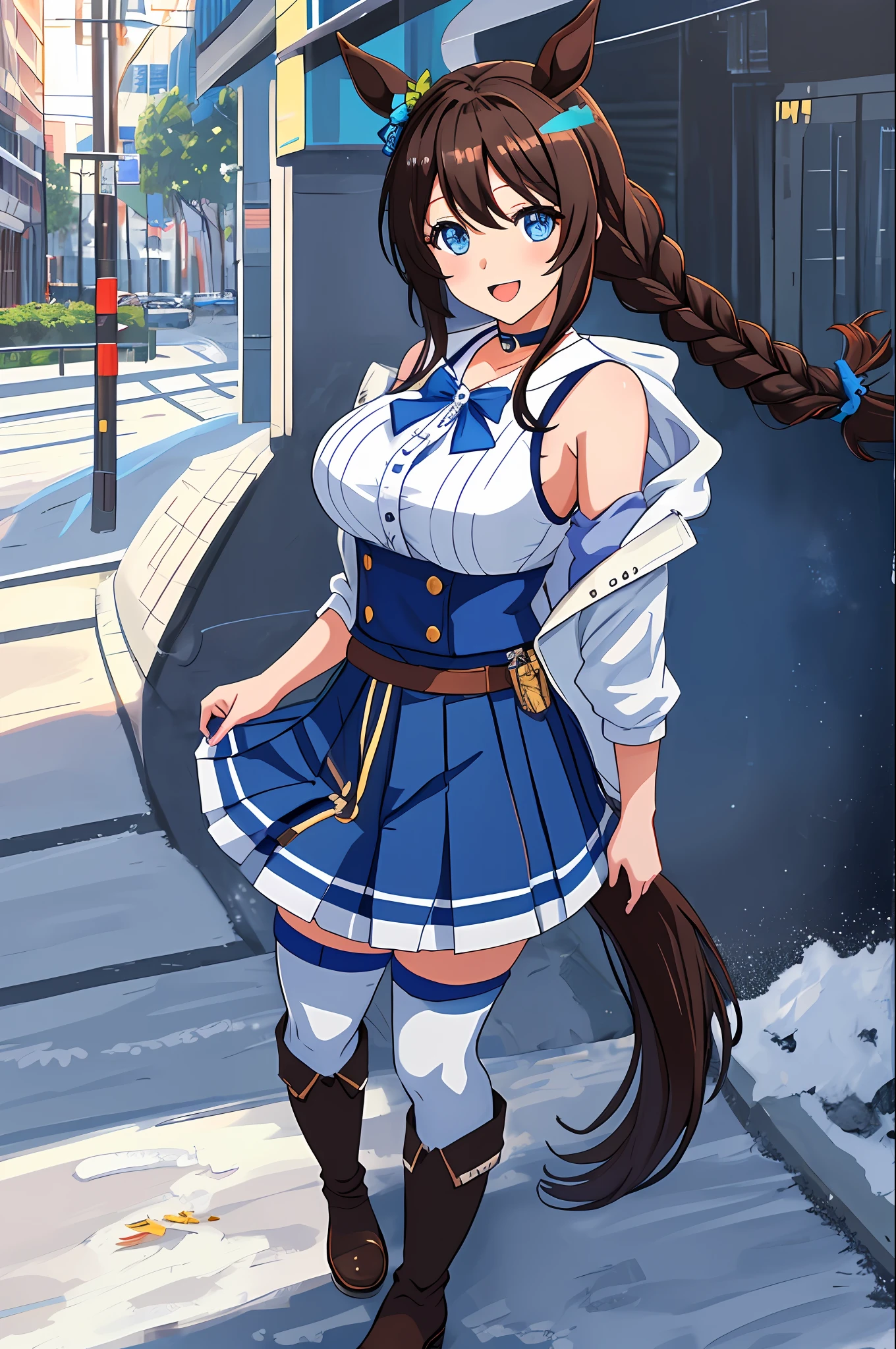 super creek \(umamusume\),1girl, blue eyes, large drooping eyes, huge breasts, brown long hair, single braid, braided bangs, full body, looking at viewer, open mouth, smile, solo, white sleeveless sweater ,light blue sleeveless coat, white pleated skirt, dark blue thigh boots, blue choker, blue wrist scrunchie, (horse ears, horse girl,:1.2) (horse tail,:1.3),masterpiece, best quality, highres, 8k,realistic, shiny skin, detailed skin,detailed eye,