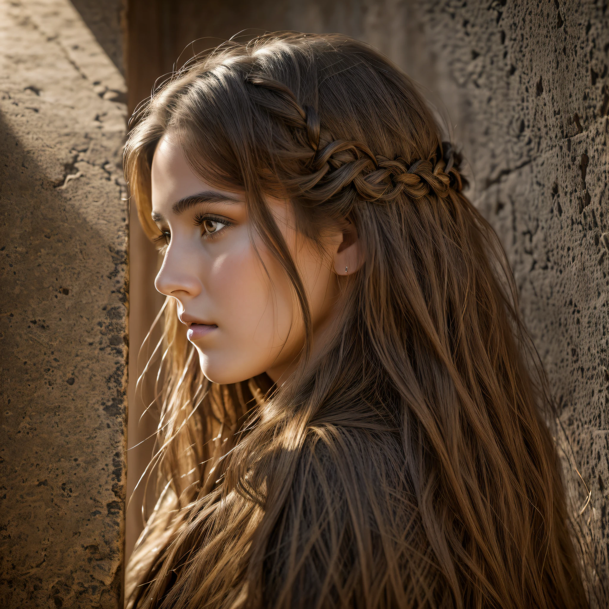 Best quality, masterpiece, ultra high res, (photorealistic: 1.37), raw photo, 1girl, long hair, beautiful brown eyes, beautiful face, detailed eyes and face, clothes from biblical times, old testament, profile, dynamic lighting, in the dark, deep shadow, discreet, cowboy shot --auto --s2