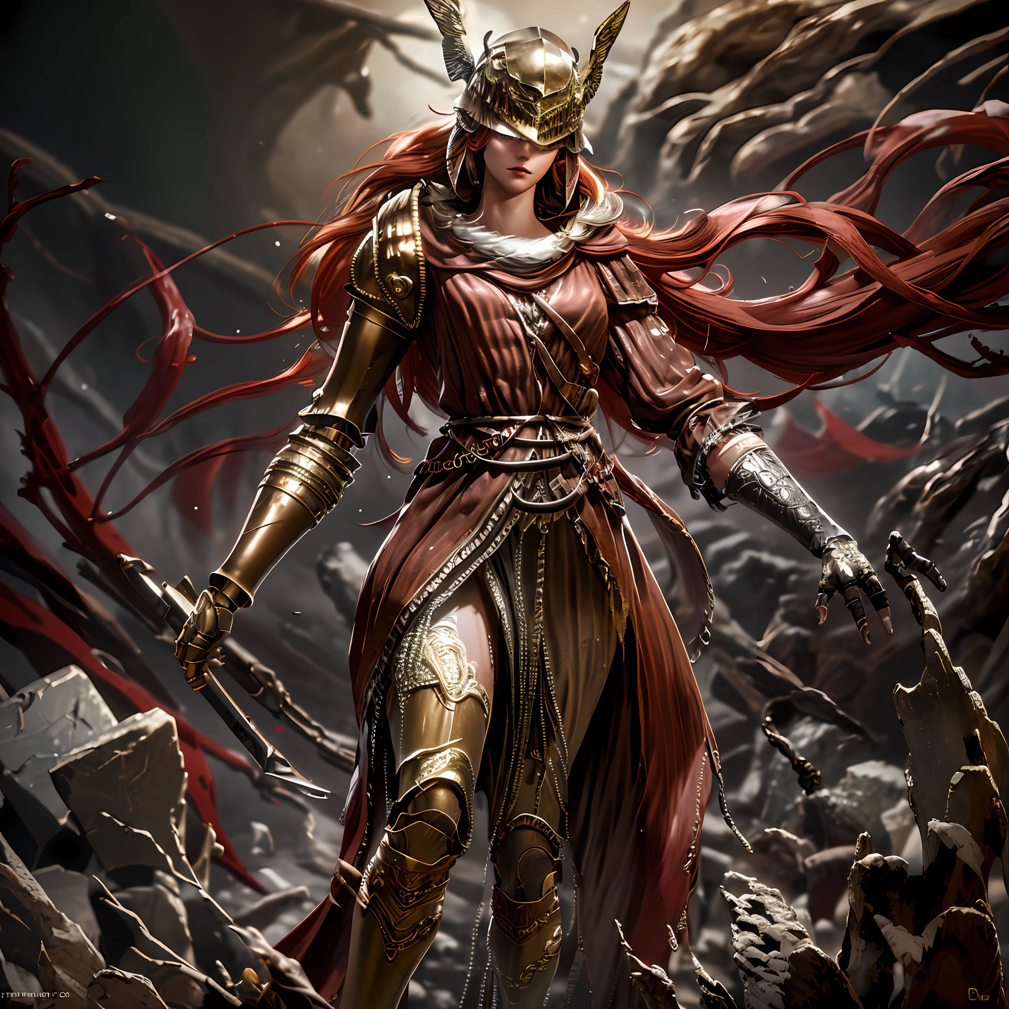 gadaxintai, (eldenring \(type2\): 1.8), eldenring \(malenia \), winged helmet, (long red head: 1.3), solo, mecha right arm, mecha left leg, (cursed_left_arm), very long hair, red Hair, Red Head, ((Solo)), One Girl, Photorealistic, Artistically Polished, Captivating Beauty, Dramatic Contrasts, Poised Fighting With Giant Sword, Enduring Allure, Authentic Depiction, Lifelike Accuracy, Exciting Mood, Emotional Depth, Striking Symbolism, Small breasts, (Looking at the viewer), (Full body), (Glowing atmosphere, Enchanting radiance, Ethereal atmosphere, Enchanting glow, Evocative colors, Captivating coloring, Dramatic lighting, Enchanting aura:1), Armored robot, (Highly detailed : 1.3), Unreal Engine, 3D rendering, Film photography, Complex 3D rendering, Super detail of beautiful porcelain android woman face, (Cyborg: 1.3), Robotic parts, 150mm, Beautiful studio light, (Rim light: 0.63), lifelike detail, deluxe cyberpunk, lace, hyper-realistic, anatomical, facial muscles, electric wires for cables, microchip, elegant and beautiful background, octane rendering, H. style, highly detailed, CG, unity, wallpaper, stunning, accurate detail, masterpiece, best quality, official art, highly detailed CG unit 8k wallpaper, absurd, incredibly absurd, robot, helmet,