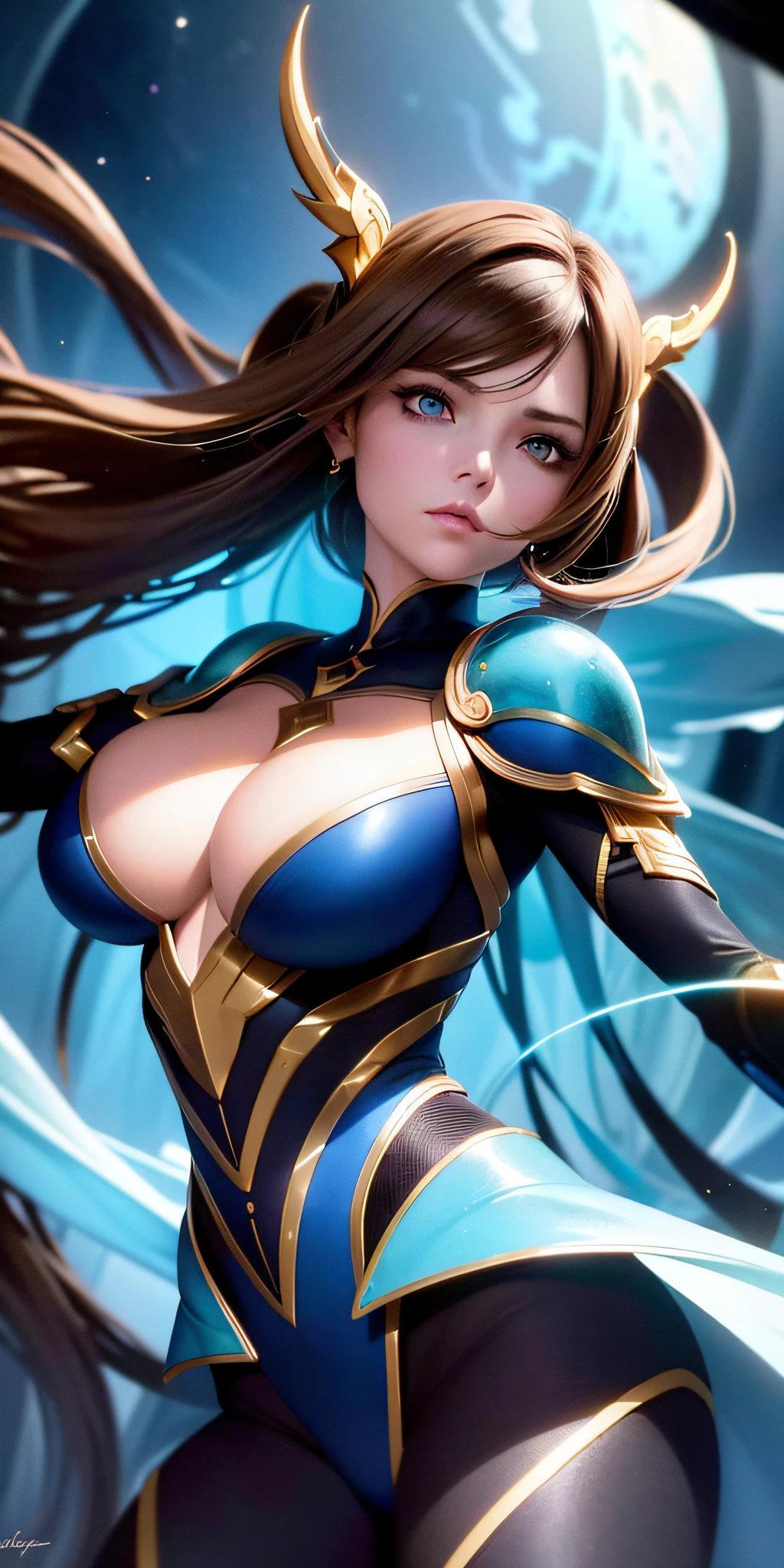 Excellent, masterpiece, brown hair, golden eyes, blue clothes, looking up, upper body, hair, big boobs, side braids, alien girl, (aesthetic, pure beauty), (advanced light, sharp contrast, strong deep shadow strong), (perfect, details in place), (feminine, fantasy illustration, epic beauty, overhead lens, exquisite character art)