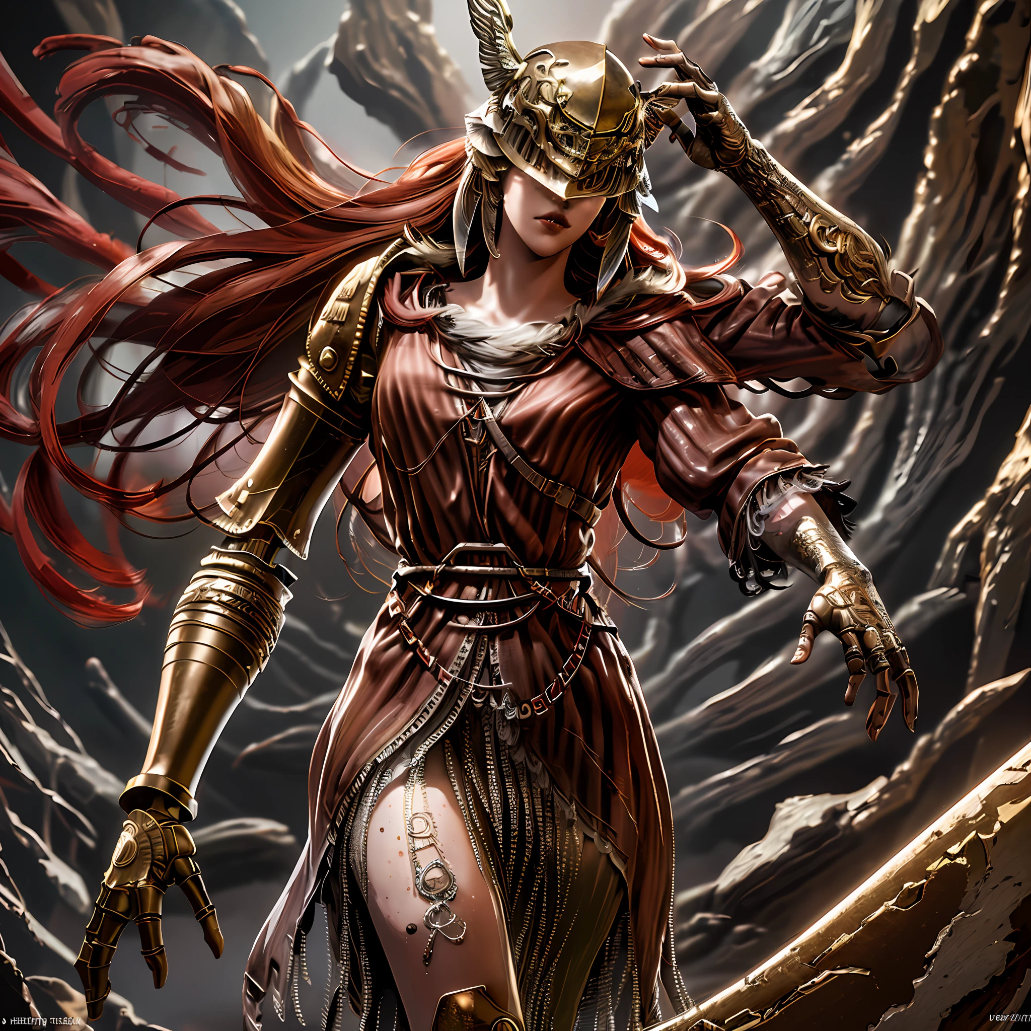 gadaxintai, (eldenring \(type2\): 1.8), eldenring \(malenia \), winged helmet, (long red head: 1.3), solo, mecha right arm, mecha left leg, (cursed_left_arm), very long hair, red  Hair, Red Head, ((Solo)), One Girl, Photorealistic, Artistically Polished, Captivating Beauty, Dramatic Contrasts, Poised Fighting With Giant Sword, Enduring Allure, Authentic Depiction, Lifelike Accuracy, Exciting Mood, Emotional Depth, Striking Symbolism,  Small breasts, (Looking at the viewer), (Full body), (Glowing atmosphere, Enchanting radiance, Ethereal atmosphere, Enchanting glow, Evocative colors, Captivating coloring, Dramatic lighting, Enchanting aura:1), Armored robot, (Highly detailed  : 1.3), Unreal Engine, 3D rendering, Film photography, Complex 3D rendering, Super detail of beautiful porcelain android woman face, (Cyborg: 1.3), Robotic parts, 150mm, Beautiful studio light, (Rim light:  0.63), lifelike detail, deluxe cyberpunk, lace, hyper-realistic, anatomical, facial muscles, electric wires for cables, microchip, elegant and beautiful background, octane rendering, H. style, highly detailed, CG, unity, wallpaper, stunning,  accurate detail, masterpiece, best quality, official art, highly detailed CG unit 8k wallpaper, absurd, incredibly absurd, robot, helmet,