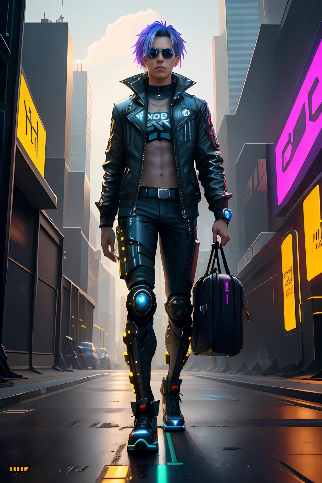 In a world where the line between reality and virtuality has blurred, you are transported to a futuristic version of Night City, the dark and glittering metropolis of Cyberpunk 2077. an aura of mystery. Your stylish haircut reflects your taste for rebelliousness and individuality. Dressed in an outfit inspired by the game's universe, you walk through streets full of neon, flying cars and holographic signs. As you move through the futuristic setting of Cyberpunk 2077, the city around you pulses with life and danger. Cybernetic gangs meet in dark corners, megacorporations dominate the skyscrapers that touch the night sky, and advanced cybernetic implants are sold in specialty stores. The smell of oil and smoke mixes with the aroma of exotic street food as you navigate the urban jungle of concrete and steel. As electronic music fills your ears, you receive a coded message in your cybernetic implant. An unknown contact offers a dangerous mission involving corporate secrets, betrayal and a priceless technological artifact. The decision is in your hands: will you join the forces of law to unravel the conspiracy, or will you go your own way as a shadowy agent, working in the shadows to achieve your goals? As you delve deeper into the plot, unexpected encounters, loyal allies and dangerous adversaries will come your way. Your unique cyber skills, combined with your acumen and unique style, will be instrumental in meeting the challenges that lie ahead. Explore Night City with a keen eye and uncover the dark truths that lurk in alleys and tall buildings, as you decide the fate of your character and the world around you. Remember, your choices shape the future of Night City and define who you will become in the Cyberpunk 2077 universe. 8k ultra HD Vivid colors masterpiece ultra resolution