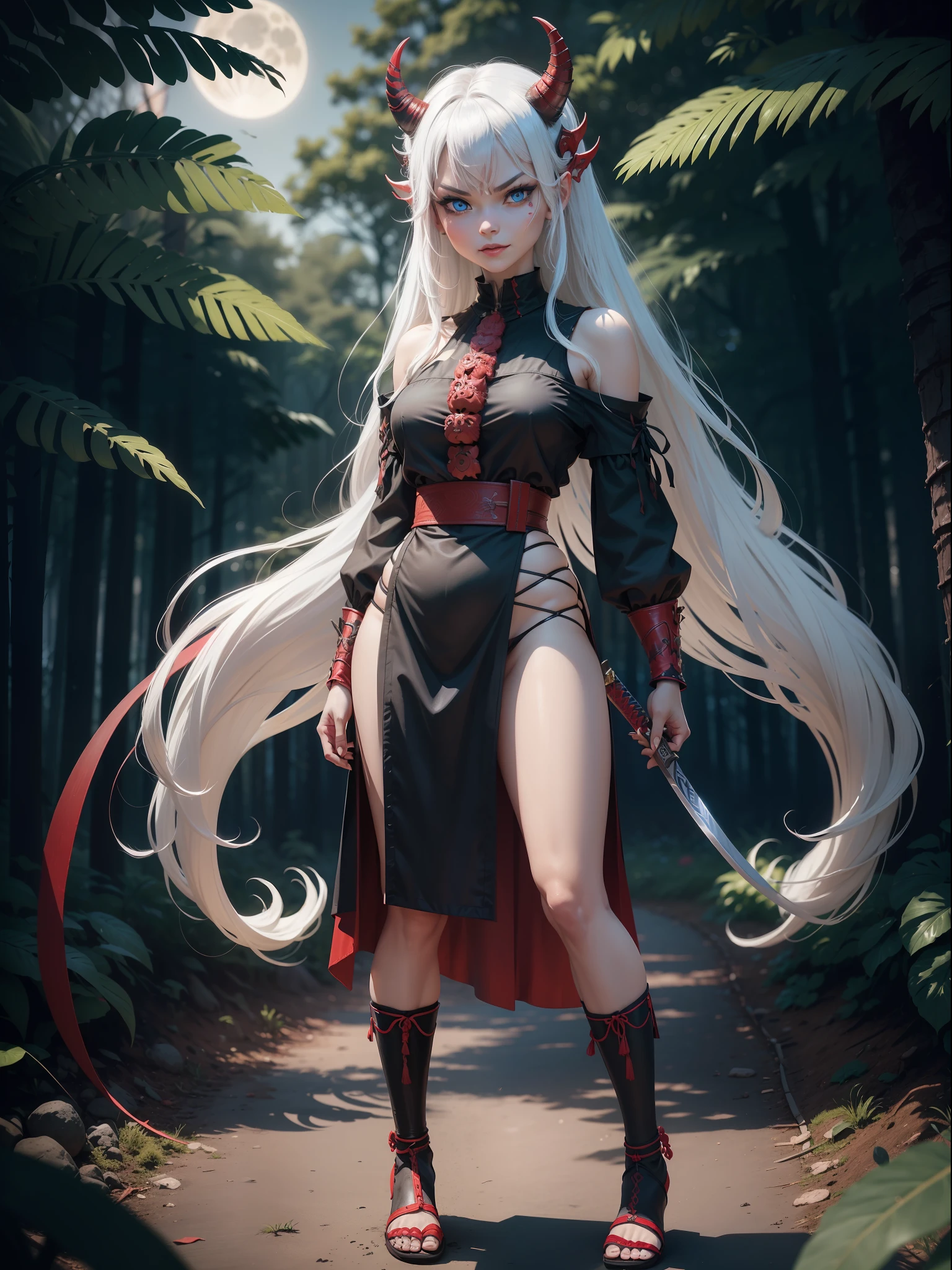 ((Oni Mask, full body photo, standing, feet on the ground)), Luriana is very modern, (black with red details/blouse), black skirt, well-defined body, she wears one (Oni mask with demonic face on her face), looking directly at the viewer, smiling, she is in a forest at night with full moon in the sky, she has (short white hair,  blue eyes), hand closed, fists clenched, this holding a Katana.