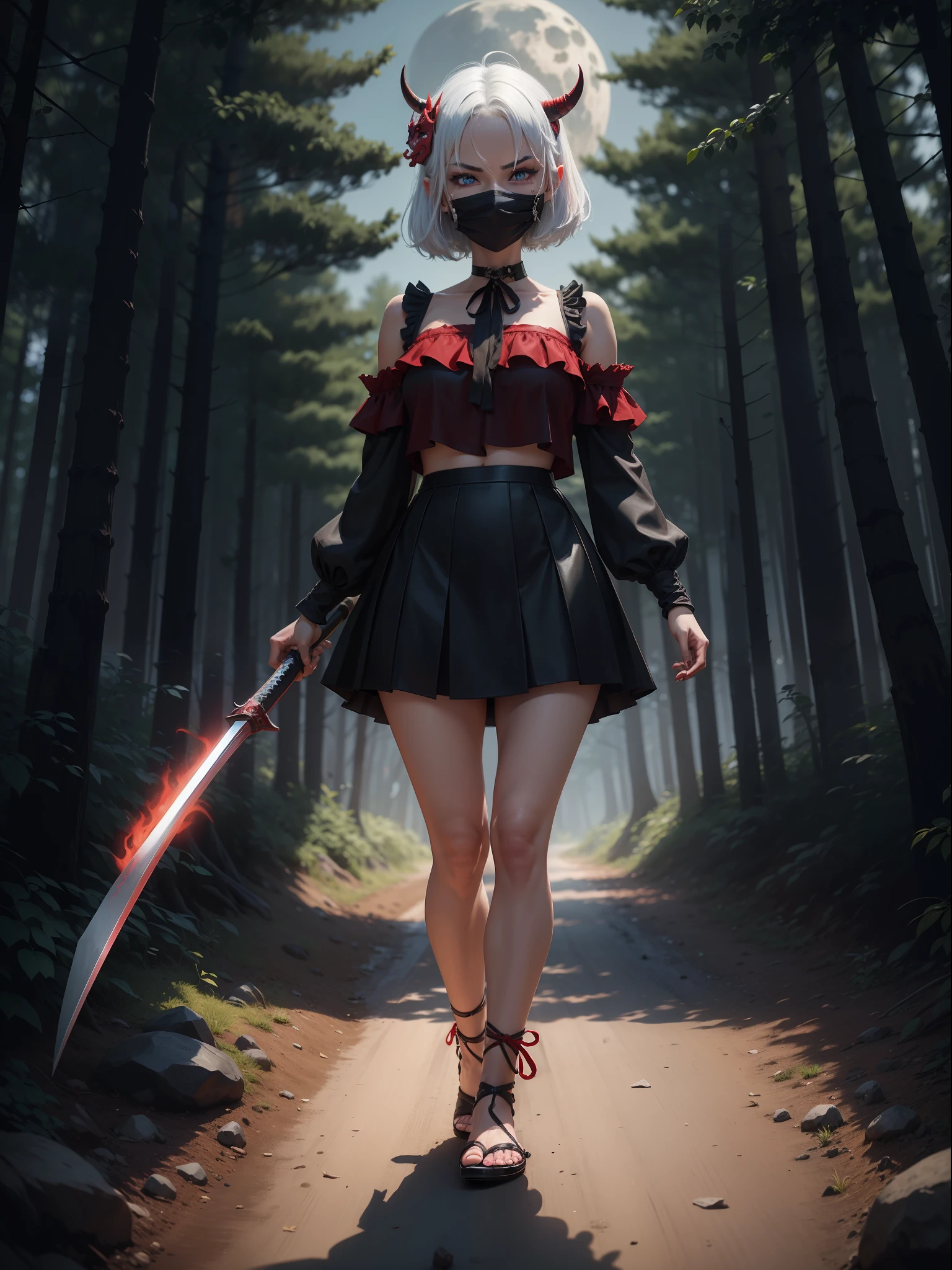 ((Oni Mask, full body photo, standing, feet on the ground)), Luriana is very modern, (black with red details/blouse), black skirt, well-defined body, she wears one (Oni mask with demonic face on her face), looking directly at the viewer, smiling, she is in a forest at night with full moon in the sky, she has (short white hair, blue eyes), hand closed, fists clenched, this holding a Katana.