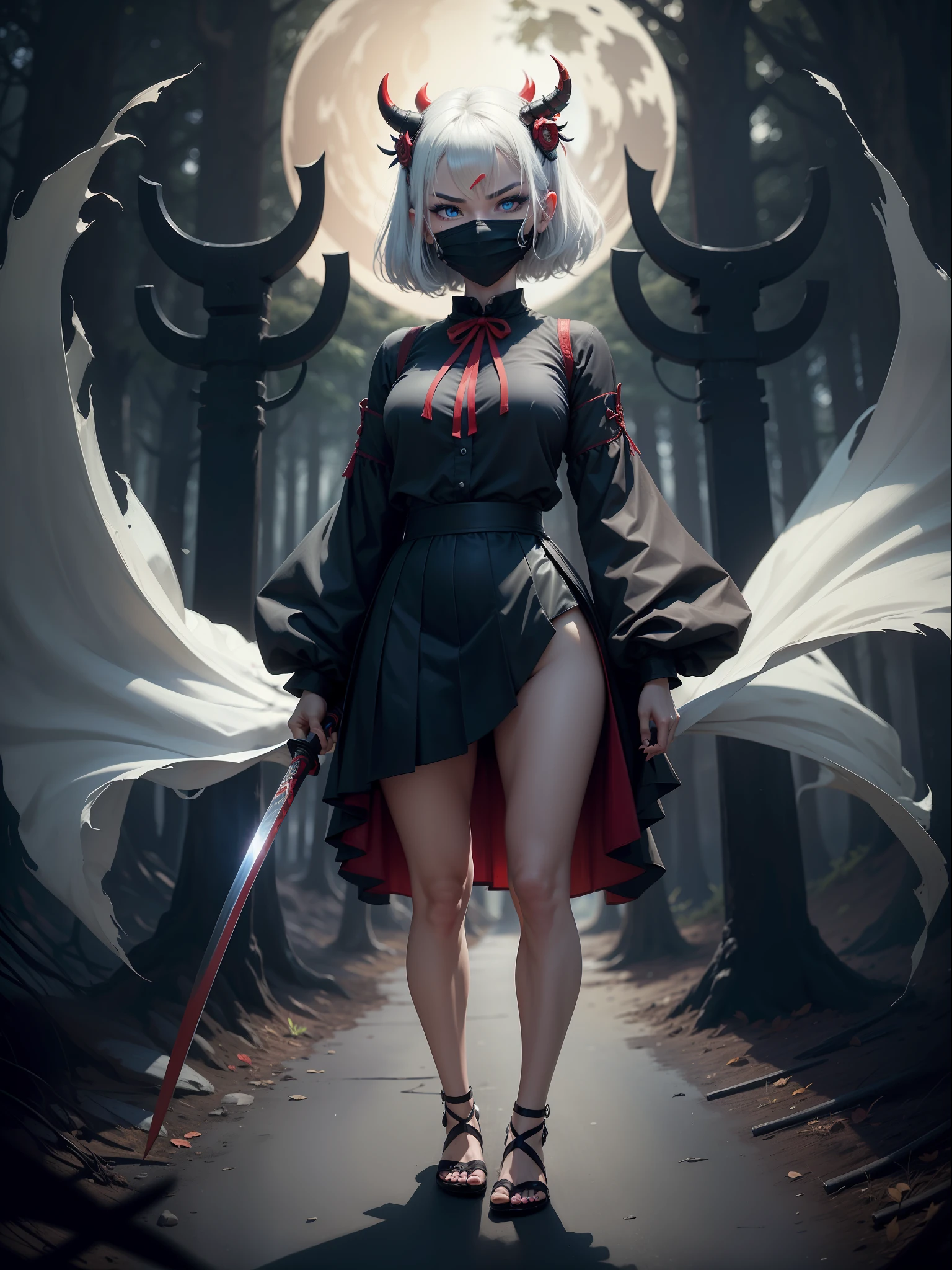 ((Oni Mask, full body photo, standing, feet on the ground)), Luriana is very modern, (black with red details/blouse), black skirt, well-defined body, she wears one (Oni mask with demonic face on her face), looking directly at the viewer, smiling, she is in a forest at night with full moon in the sky, she has (short white hair, blue eyes), hand closed, fists clenched, this holding a Katana.