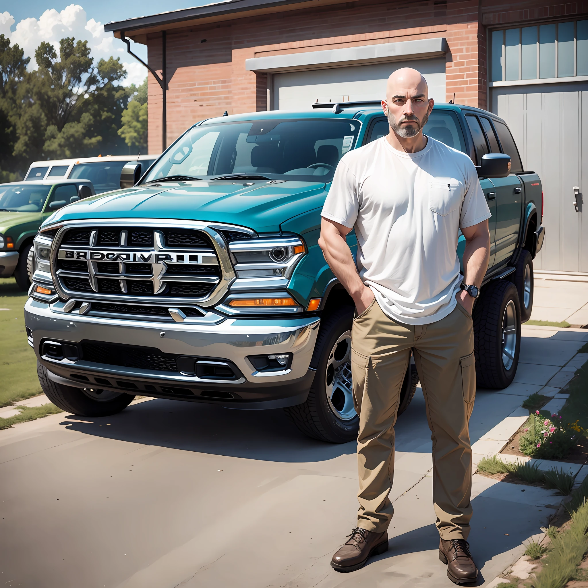 Bald man next to a parked Dodge Ram --auto --s2