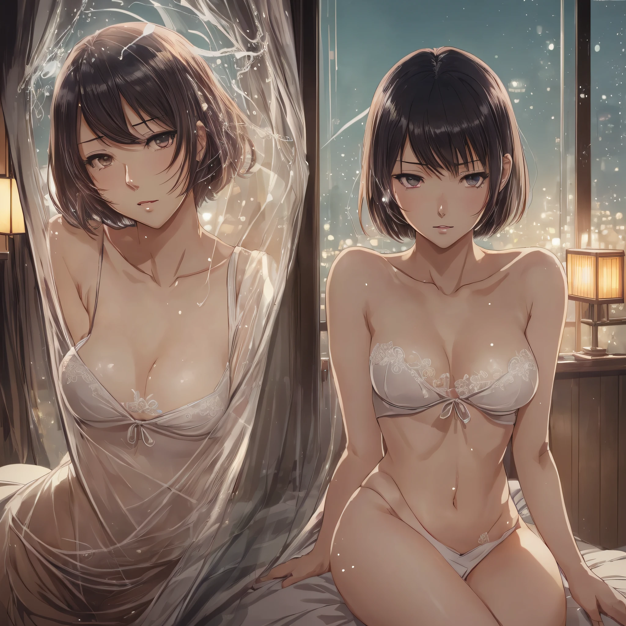 animated, cel shading, absurdres, showa, top quality, (masterpiece: 1.3), high definition, viewfinder, high_resolution, distinct_image, professional animation, very detailed, sexy, slender, small waist, nude,,, kiss marks, high resolution, super detailed, Japan anime, Top quality, very delicate and beautiful illustrations, (one woman), (cover, perfect anatomy, full body, (short hair), black hair, (slim legs), complex hair, detailed eyes, (downcast eyes), black eyes, small mouth, half-open mouth, sweat, moist, skin, flushed, chest, upper eyes, small breasts, frontal, Japan woman, expressionless, ennui, ecstatic, nymphomaniac, loneliness, sexual sensation, Moeka_Kiryu \ (STEINS ; GATE\), Moe Kiryu, looking at viewer, head_tilt, official art, beautiful detailed background, (very delicate and beautiful illustration), depth of field, bokeh, retro, hotel, western room, dim, on bed, sheets, oriental --auto --s2