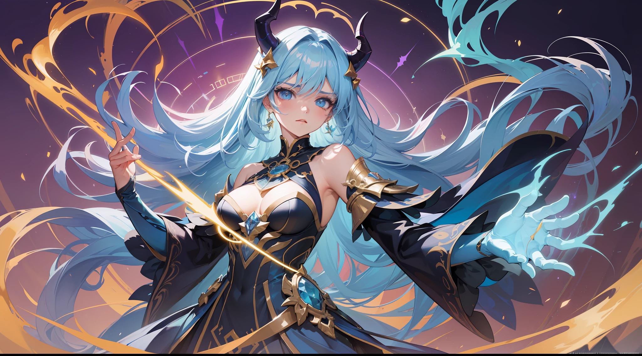 Aurelia, the Resolute Hornbearer, is portrayed in her splashart as a formidable and indomitable champion, possessing the power to resist psychic forces and harnessing the strength of her magical horns. The scene takes place in a mystical realm, where arcane energies spin and ancient ruins rise as a testament to forgotten powers. Aurelia is an imposing presence, standing and radiating an aura of power. His actual figure is adorned with intricate armor, ornately decorated with symbols and patterns that reflect his resilience against psychic forces. She possesses a majestic pair of curved, iridescent magical horns that emerge from her forehead, pulsing with arcane energy. With a resolute expression, Aurelia emanates an aura of strength and determination. His eyes glow with an inner light, signifying his immunity to psychic forces. His hands are raised, each emitting a unique energy – one surrounded by crackling blue electricity, representing his resistance to magical forces, while the other exudes a soft, golden glow, symbolizing his dominance over his magical horns. The splashart background shows a supernatural realm, full of spinning energies and remnants of ancient structures. Arcane symbols and mystical patterns permeate the environment, giving a sense of the ancient and magical power flowing through Aurelia. Faint echoes of psychic forces and magical energies reverberate through the air, suggesting the battles she has triumphed over. The color palette is a harmonious blend of deep blues, vibrant golds and ethereal green, splashart, body lines, vibrant colors, exquisite details, cinematic, artstation, detailed face, by rossdraws, by Kienan Lafferty