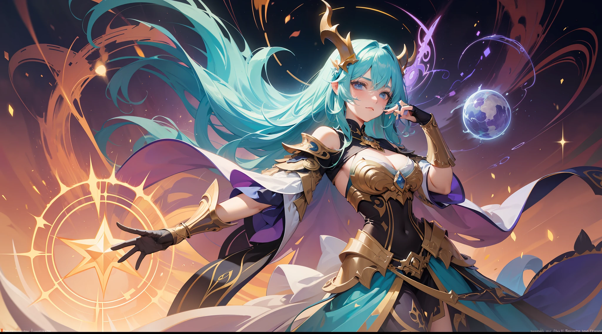 Aurelia, the Resolute Hornbearer, is portrayed in her splashart as a formidable and indomitable champion, possessing the power to resist psychic forces and harnessing the strength of her magical horns. The scene takes place in a mystical realm, where arcane energies spin and ancient ruins rise as a testament to forgotten powers. Aurelia is an imposing presence, standing and radiating an aura of power. His actual figure is adorned with intricate armor, ornately decorated with symbols and patterns that reflect his resilience against psychic forces. She possesses a majestic pair of curved, iridescent magical horns that emerge from her forehead, pulsing with arcane energy. With a resolute expression, Aurelia emanates an aura of strength and determination. His eyes glow with an inner light, signifying his immunity to psychic forces. His hands are raised, each emitting a unique energy – one surrounded by crackling blue electricity, representing his resistance to magical forces, while the other exudes a soft, golden glow, symbolizing his dominance over his magical horns. The splashart background shows a supernatural realm, full of spinning energies and remnants of ancient structures. Arcane symbols and mystical patterns permeate the environment, giving a sense of the ancient and magical power flowing through Aurelia. Faint echoes of psychic forces and magical energies reverberate through the air, suggesting the battles she has triumphed over. The color palette is a harmonious blend of deep blues, vibrant golds and ethereal green, splashart, body lines, vibrant colors, exquisite details, cinematic, artstation, detailed face, by rossdraws, by Kienan Lafferty