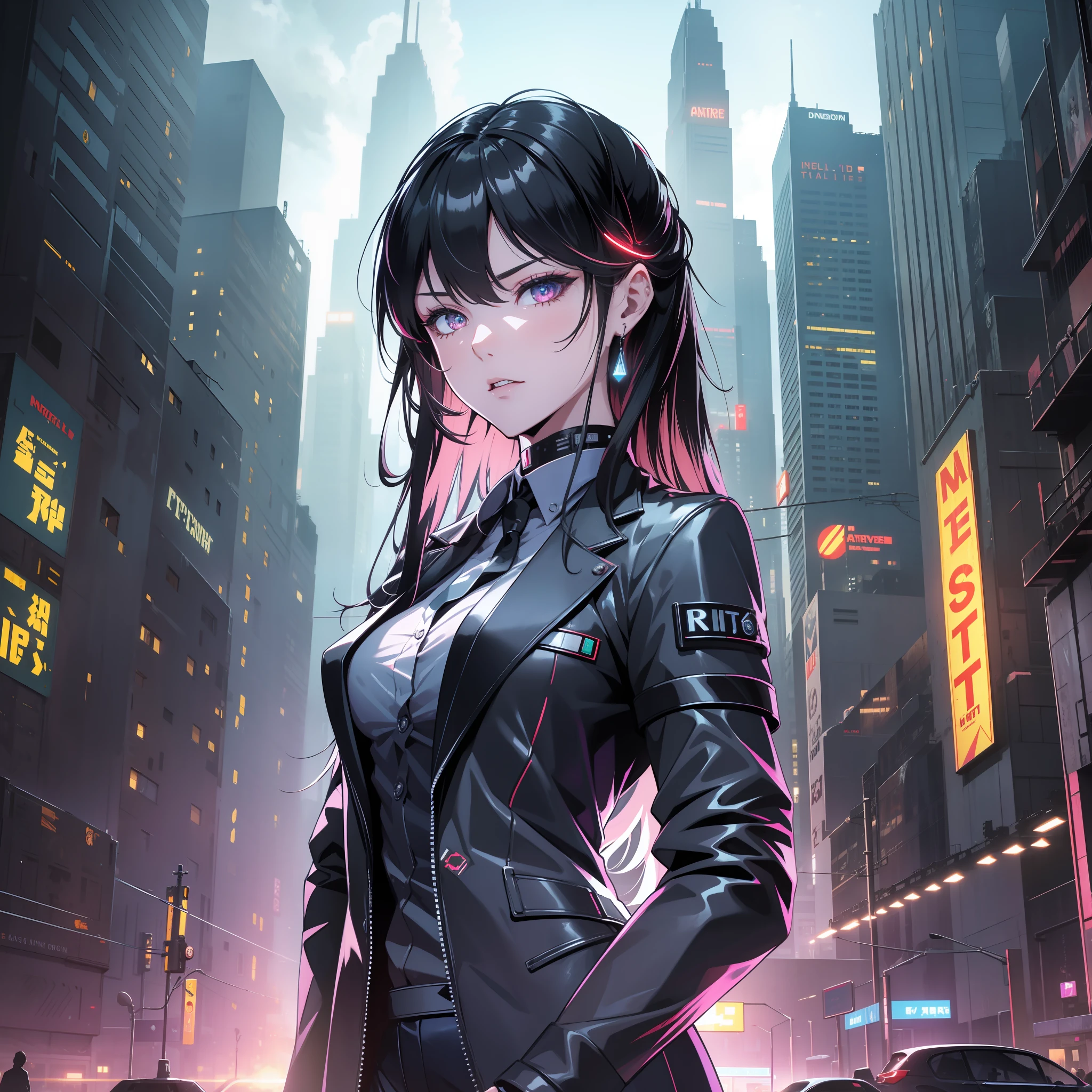 16K, HDR, RTX, raytracing, natural lighting, absurdres, best qaulity masterpiece, close up, highly detailed face, detailed eyes, 1girl, solo, wearing a white business suit, black shirt, top button open, long black hair, extreme beautiful, edgy, cool, evil aura, windy, glowing eyes, serious expressions, dystopian city, futuristic, detailed background, award winning, neon lights, trending on art station