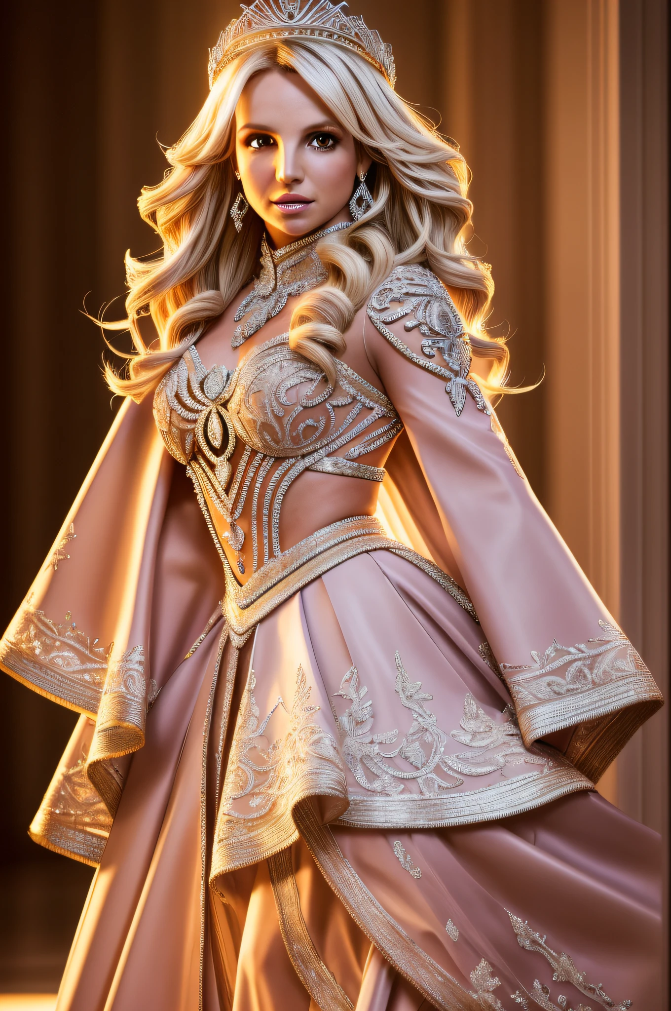 Photo BRITNEY SPEARS , 4K texture, high quality, gorgeous hairstyle, with stylish outfit, long, with details , extravagant, diamond crown, sparkling accessories, inspired by the  Barbie and the Diamond Castle , (BROWN EYES), FULL BODY (masterpiece) (perfect proportion)(realistic photo)(best quality) (detailed) photographed on a Canon EOS R5, 50mm lens, F/2.8, HDR, (8k) (wallpaper) (cinematic lighting) (dramatic lighting) (sharp focus) (intricate) --auto --s2