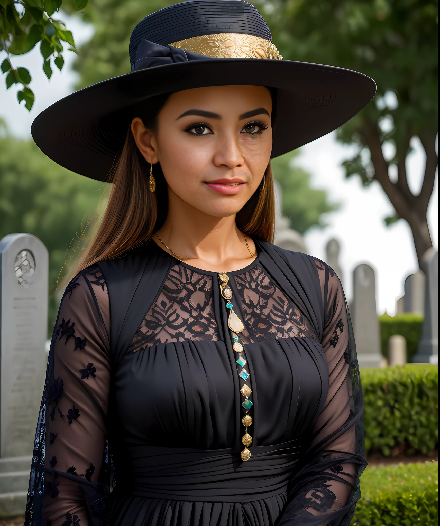 glamorous style, masterpiece, best quality, 8k, art station, sharp focus, ((superrealistic)), high details, raw photo portrait, a woman, queen, sitting on a throne, black dress, in a cemetery, ((overnight)), graves, tombstones, (full moon) photo taken at night, angry, angry, (((depth of field))):1.8 The expression lines on her face can be seen clearly. The texture of the Panama hat and clothes is exceptionally well detailed.