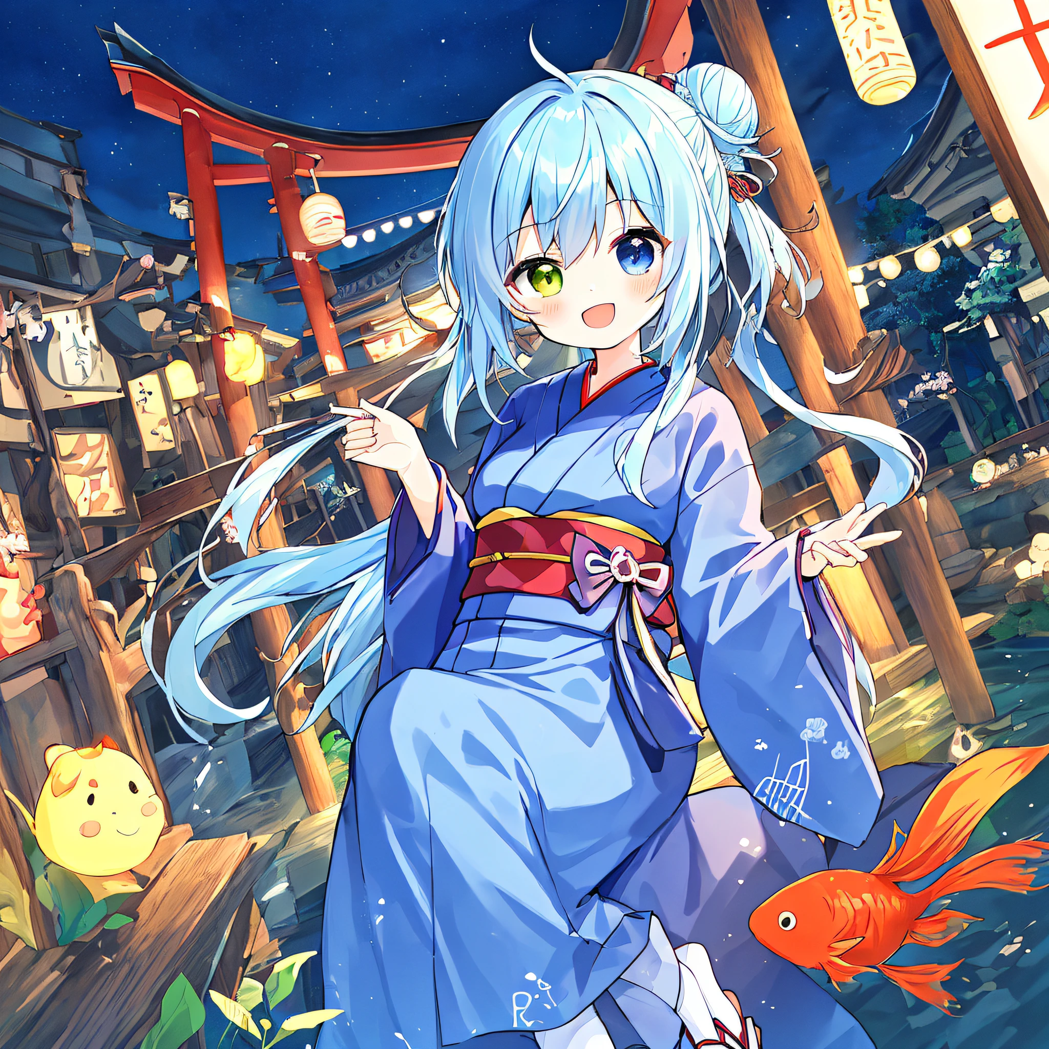 Anime illustrations in the style of "Kyoto Animation", highest quality, (cute: 1.1), (cute), (high resolution: 1.2), incredibly ridiculous: 1.3, incredibly fine illustrations, cute girls, (heterochromia, light blue eyes and light green eyes), solo, standing figure, happy, :d, masterpiece, top quality, absurdity, high resolution, official art, hurray, (cute: 1.8), ((Chibi character: 1.5)), Solo, ((Light blue hair, bun hair, kanzashi)), Thin hair, 1 beautiful girl, (Kawaii: 1.8), Caregiver, Maid, (((long yukata, illustration of morning glory, indigo color, luxurious obi)), watch the viewer, Front, Princess eyes, big breasts, from the front, Japan festival, night shop, cute geta, deformed character, holding a goldfish drawstring,