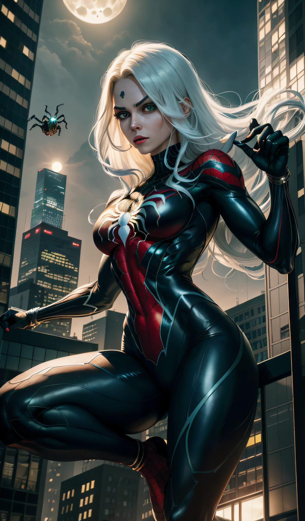 (Masterpiece, 4k resolution, ultra-realistic, very detailed), (Black superhero theme, charismatic, there's a girl on top of town, wearing Venom costume, she's a superhero), [ ((25 years), (long white hair:1.2), full body, (green eyes:1.2), ((Spider-Man pose), show of strength, jumping from one building to another), ((sandy urban environment):0.8)| (cityscape, at night, dynamic lights), (full moon))] # Explanation: The Prompt mainly describes a 4K painting of ultra-high definition, very realistic, very detailed. It shows a superheroine at the top of the city, wearing a Spider-Man costume. The theme in the painting is a venom superhero theme, the female protagonist has long white hair, is 25 years old and her entire body is shown in the painting. In terms of portraying the actions of superheroines, spiders are employed