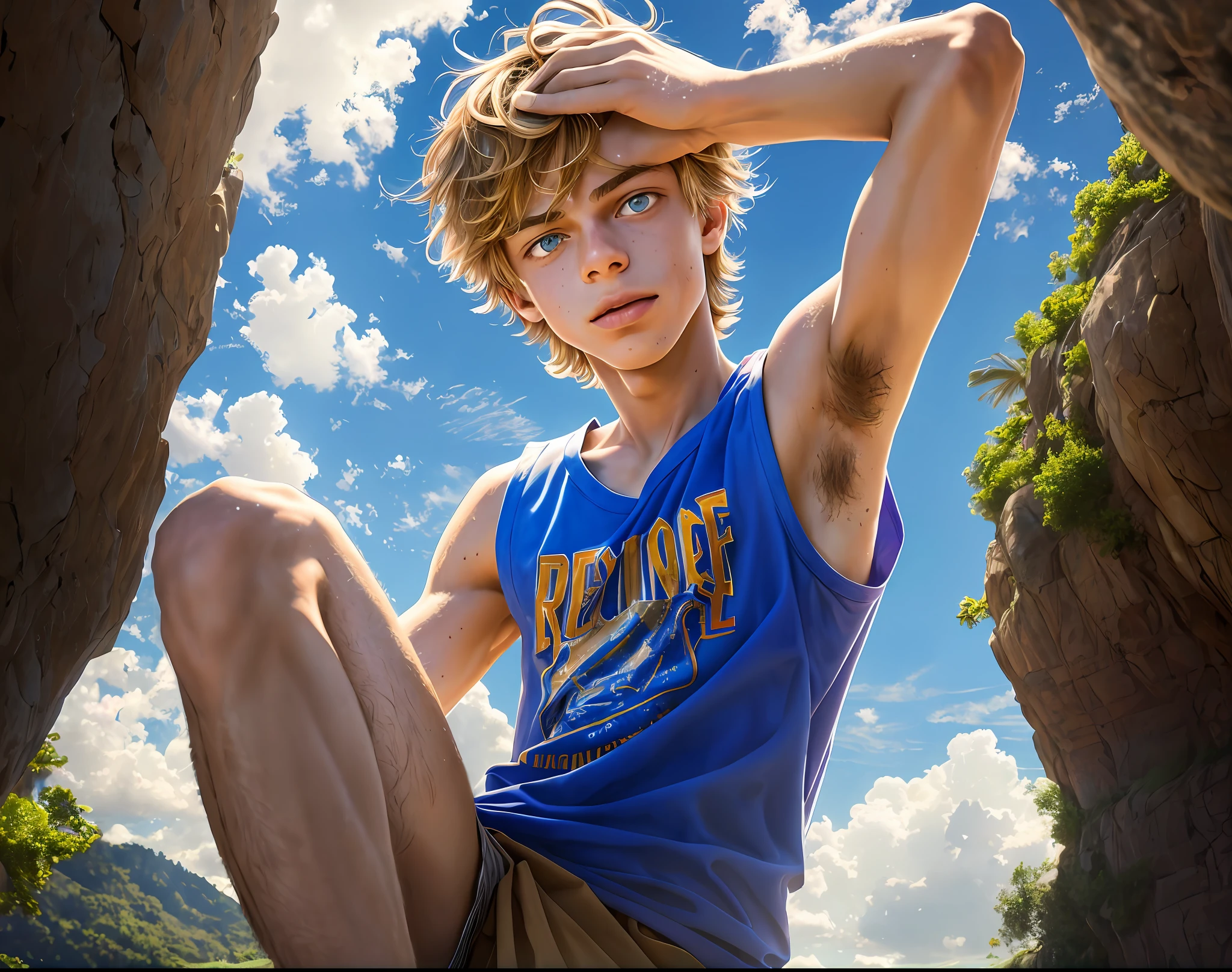 jace norman, sweaty teen boy, standing on a big rock, far from camera, shot from below, lower angle shot, whole body visible in camera, braces, age 16, wavy tiktok hair, bare feet, wearing long sleeveless t-shirt with dropped armhole, hands behind head, short fine armpit hair, flexing, veiny arms, cute, tall, arms behind head, short wispy armpit hair showing, lean, not muscular, wispy pubes, teen boy masterpiece, high resolution, feet visible, no shoes, very dirty feet, skinny, tall, nice boy feet, teen boy feet, skinky feet, boy feet, foot fetish, tall boy, teen boy, braces, best quality, sticky armpit hair
