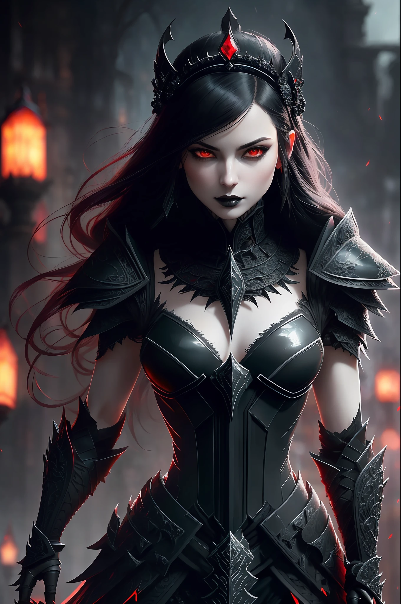 analog style, ((intricate details)), full torso, cold lighting, beautiful, ((pale gothic evil princess)), (black hair), (intricate), ((skeletal scanty onyx armor)), ((intricately pointed obsidian crown)), ((intense shadows)), ((thick outlines)), dynamic pose, flowing hair, perfect face, (realistic eyes), round iris, (((red eyes))), perfect eyes, intricate, complex, Helios 44-2, swirling bokeh, trending on art station, sharp focus, studio photo, intricate details, high detail, sharpness, character portrait, perfect lighting, (((illustration style, masterpiece, artgerm and greg rutkowski) )) cinematic lighting, 8k