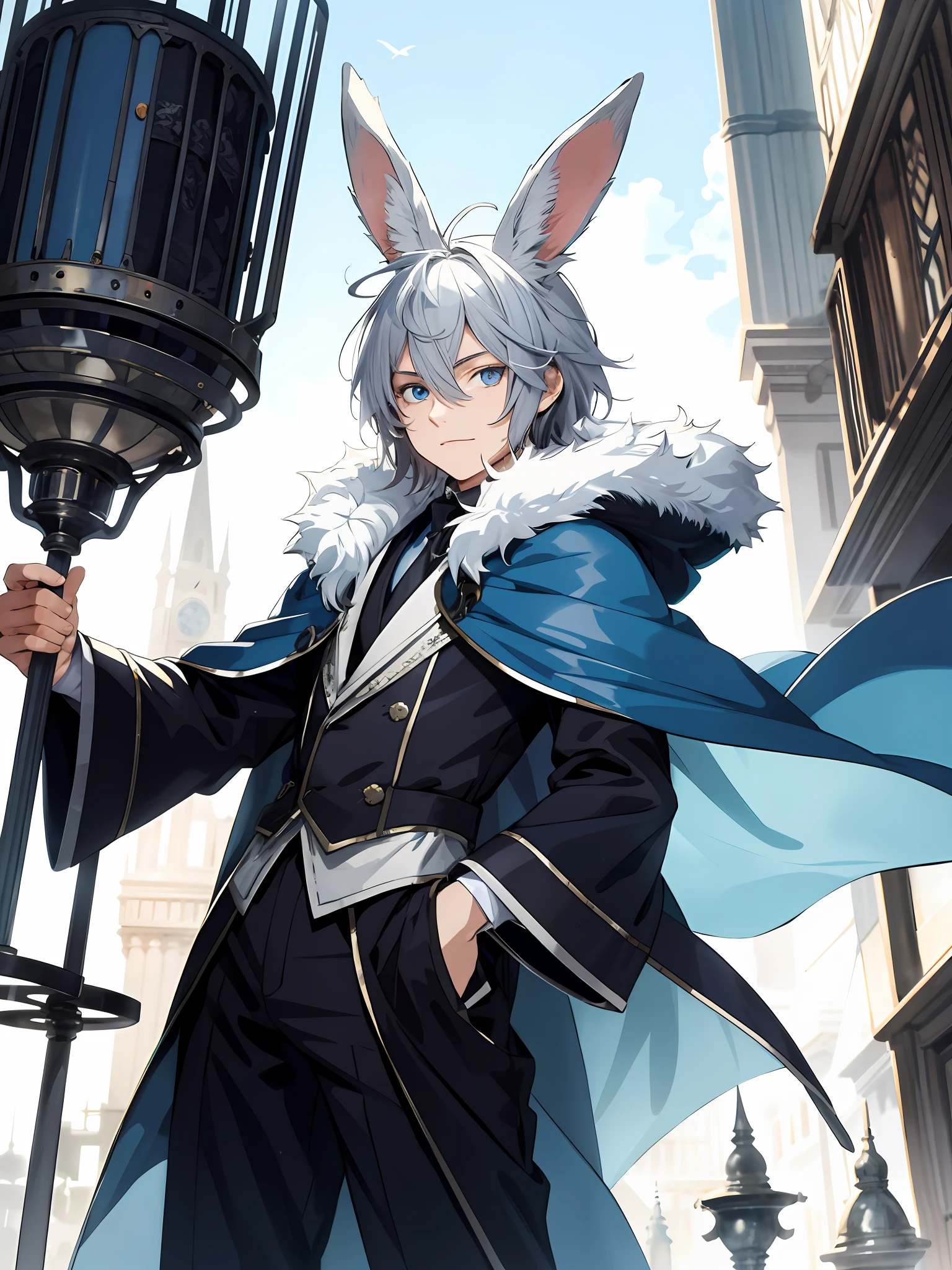 illustration style, cute boy, silver-haired blue-eyed rabbit ears, fur, cloak, fantasy long pants, solo rabbit, rabbit ears, rabbit
clock, clepsydra, clockwork