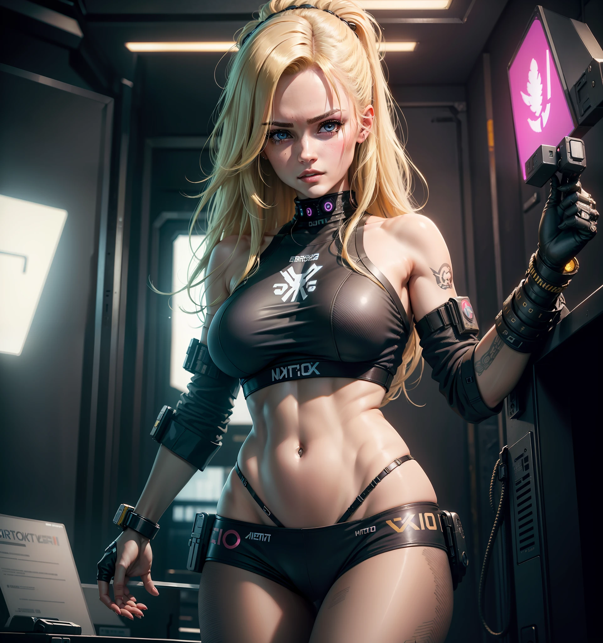 Best quality, ultra high res, photorealistic, SFW, with Cyberpunk 1girl sexy euro blonde hair is posing for a photo in a studio environment with a gray background, stand out, looking at the viewer, upper body, slender neckline, visible, croptop