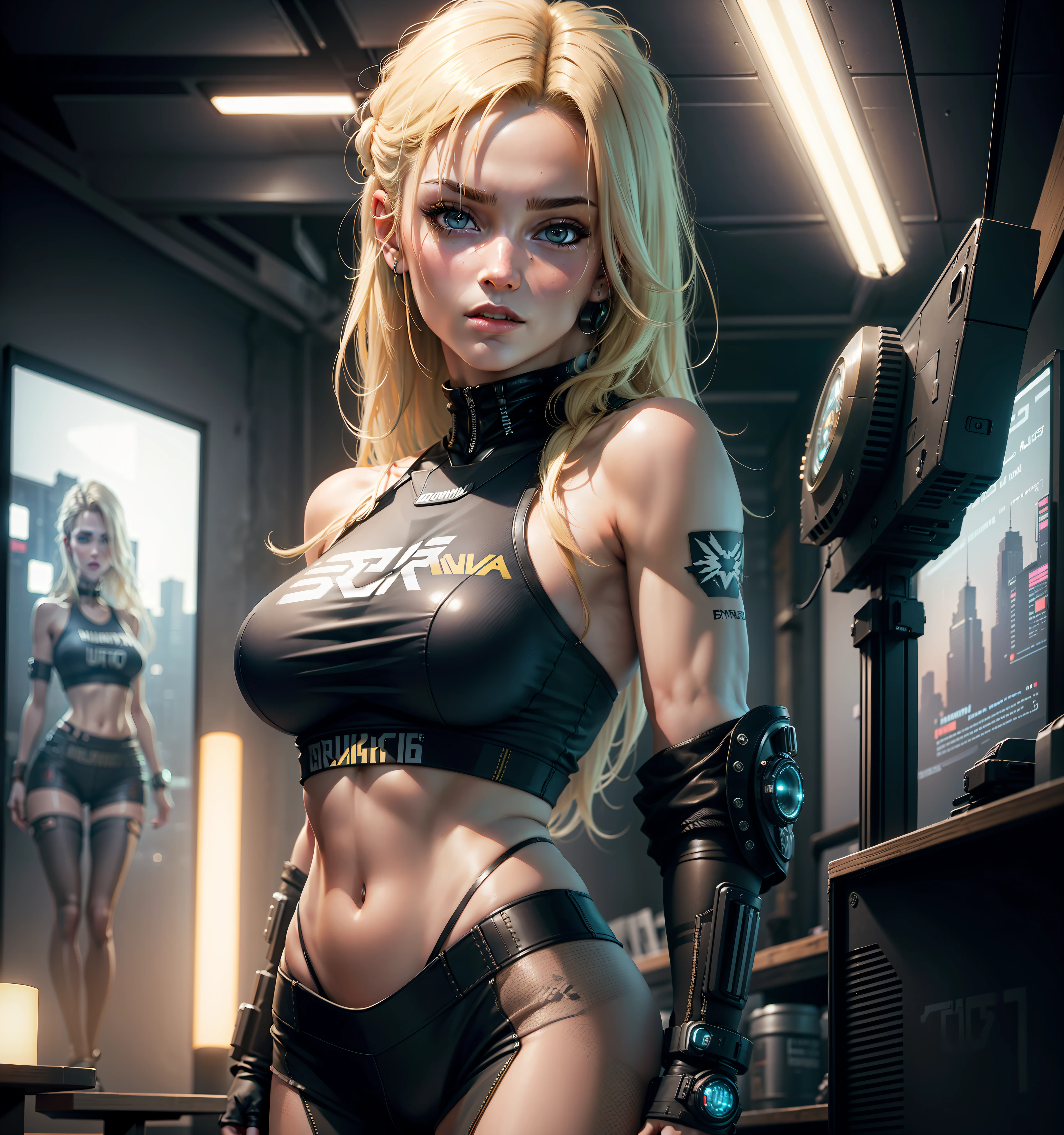 Best quality, ultra high res, photorealistic, SFW, with Cyberpunk 1girl sexy euro blonde hair is posing for a photo in a studio environment with a gray background, stand out, looking at the viewer, upper body, slender neckline, visible, croptop