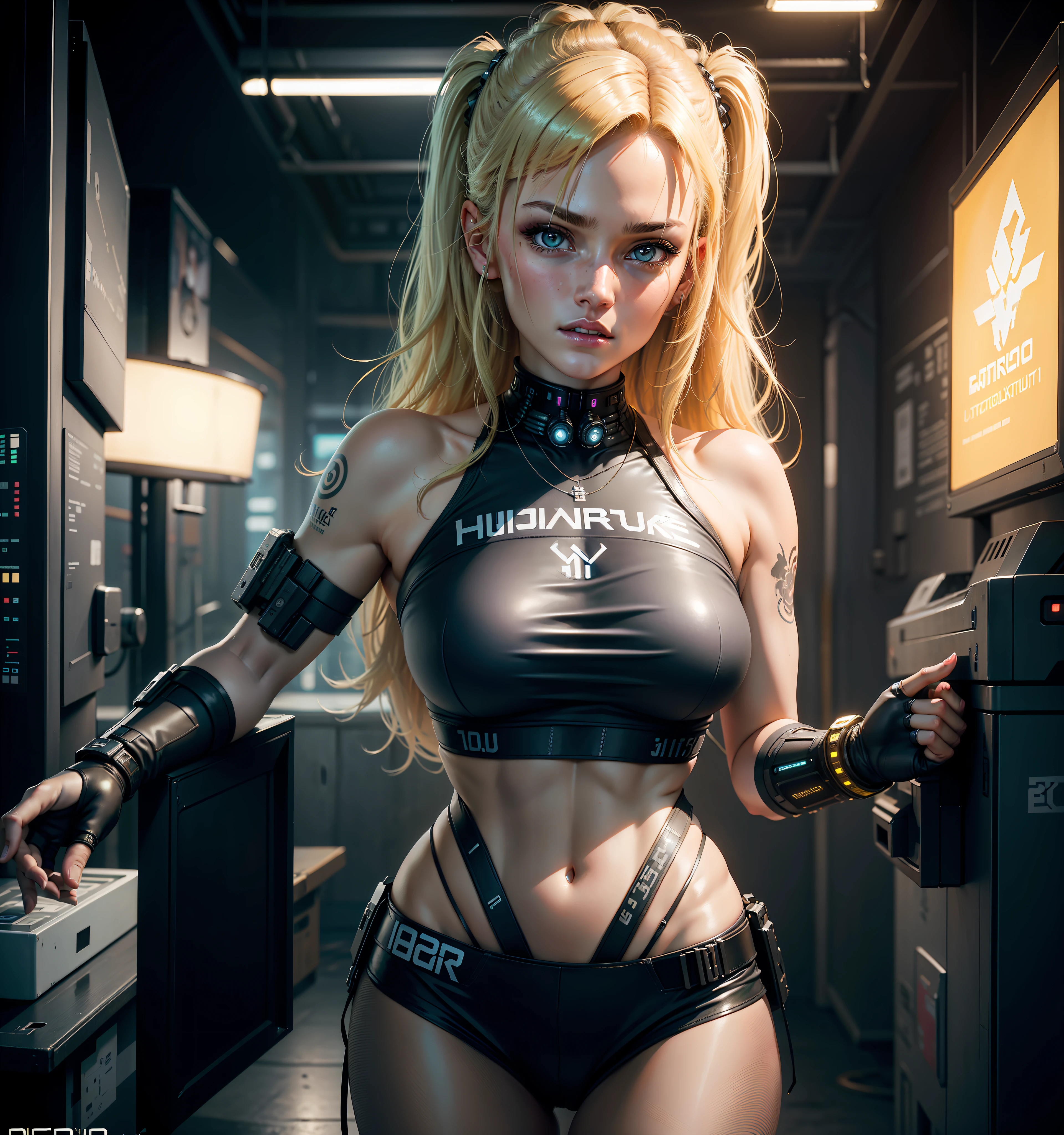 Best quality, ultra high res, photorealistic, SFW, with Cyberpunk 1girl sexy euro blonde hair is posing for a photo in a studio environment with a gray background, stand out, looking at the viewer, upper body, slender neckline, visible, croptop