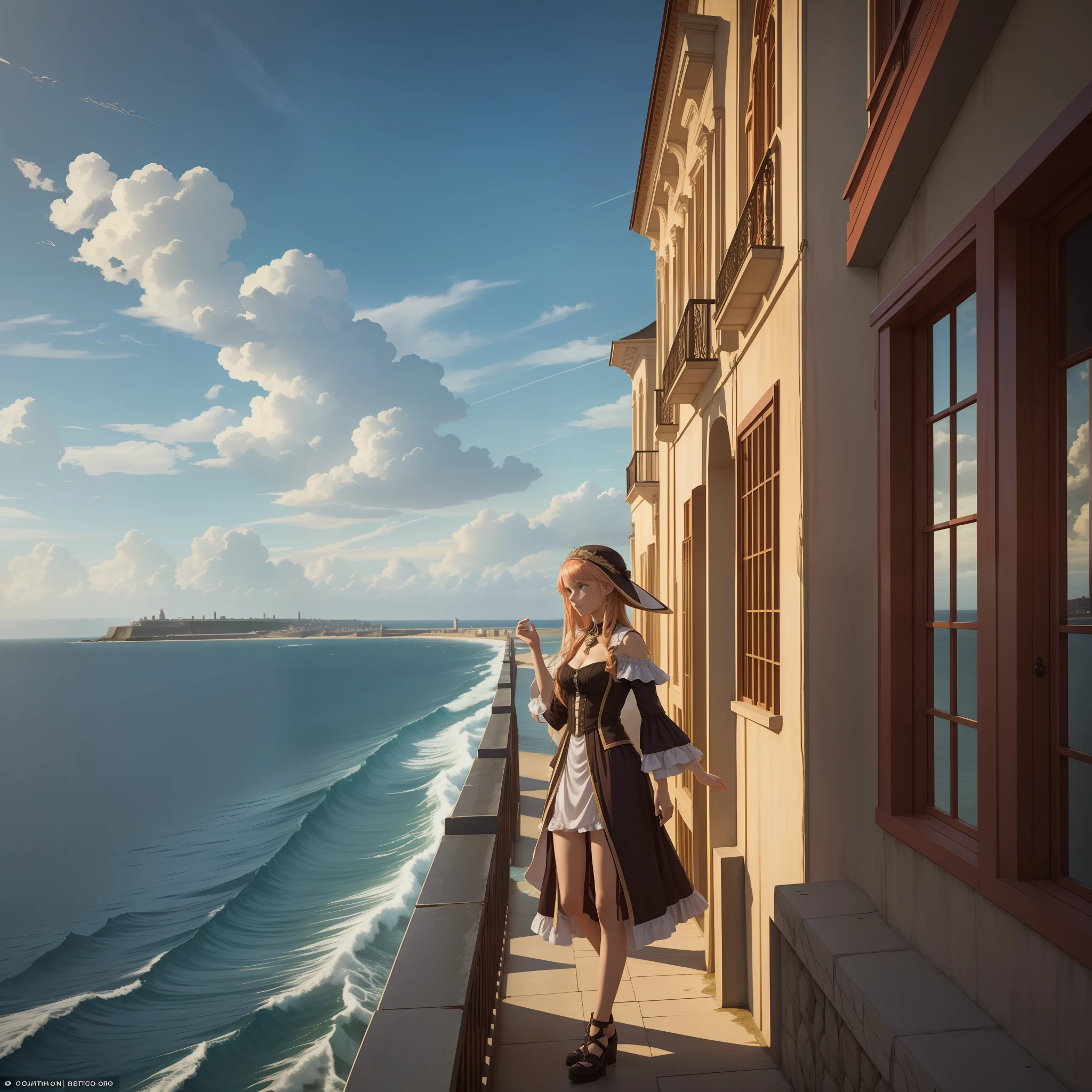 A shocking revelation: Seraphina standing, revealing her past, with the coastal city and sea in the background --auto --s2