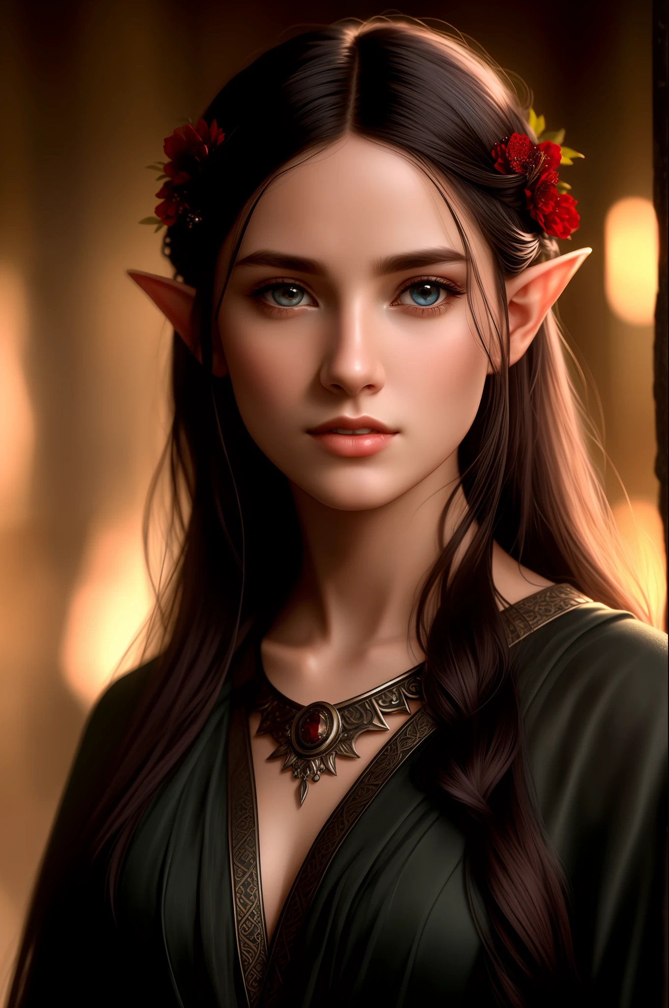 (detailed face, detailed eyes, clear skin, clear eyes), lotr, fantasy, elf, female, full body, looking at viewer, portrait, photography, detailed skin, realistic, photo-realistic, 8k, highly detailed, full length frame, High detail RAW color art, piercing, diffused soft lighting, shallow depth of field, sharp focus, hyperrealism, cinematic lighting, black hair, young, red clothes