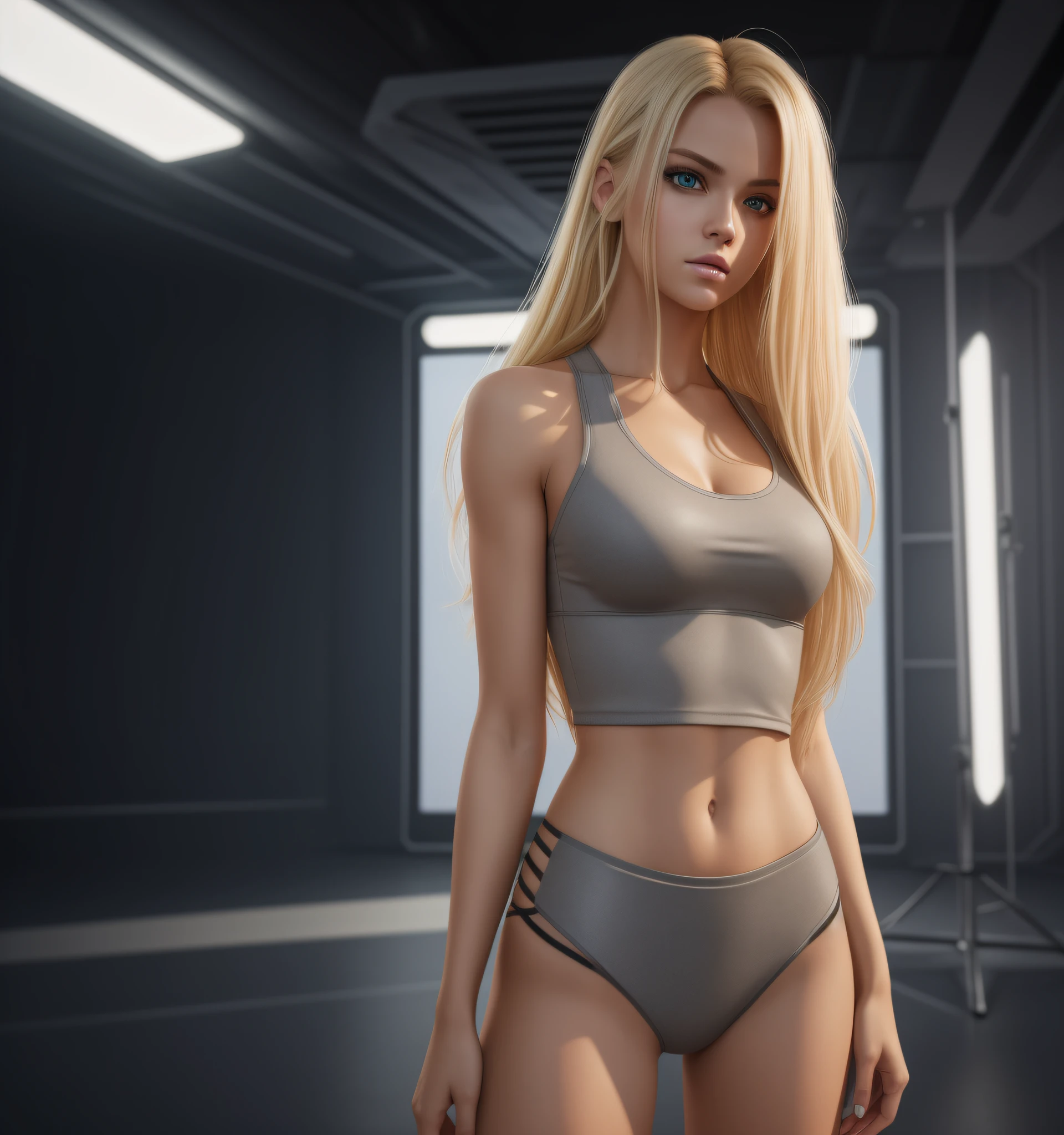 Best quality, ultra high res, photorealistic, SFW, with Cyberpunk 1girl sexy euro blonde hair is posing for a photo in a studio environment with a gray background, stand out, looking at the viewer, upper body, slender neckline, visible, croptop