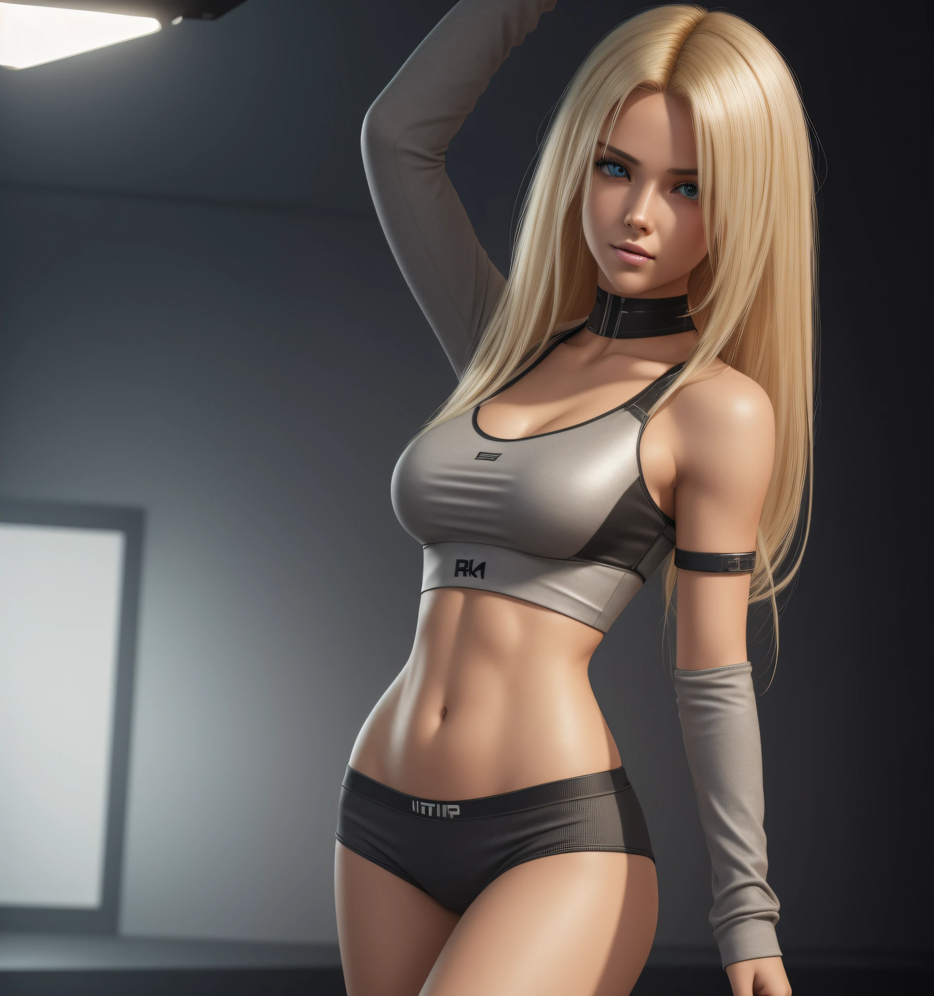 Best quality, ultra high res, photorealistic, SFW, with Cyberpunk 1girl sexy euro blonde hair is posing for a photo in a studio environment with a gray background, stand out, looking at the viewer, upper body, slender neckline, visible, croptop