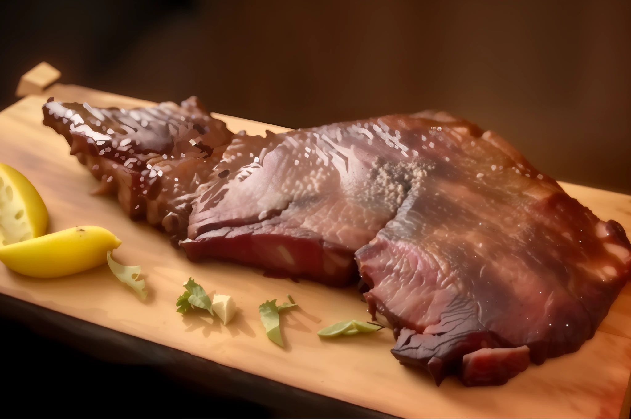 a closeup of a large piece of meat on a wooden cutting board, lamb and goat meat fused as one, wood-burning, by Jordan Grimmer, by Lisa Nankivil, charred, by derek zabrocki, grilled, photo trending, by Scott Samuel Summers, illuminated from the side, by Wesley Burt, by Tom Bonson --auto --s2