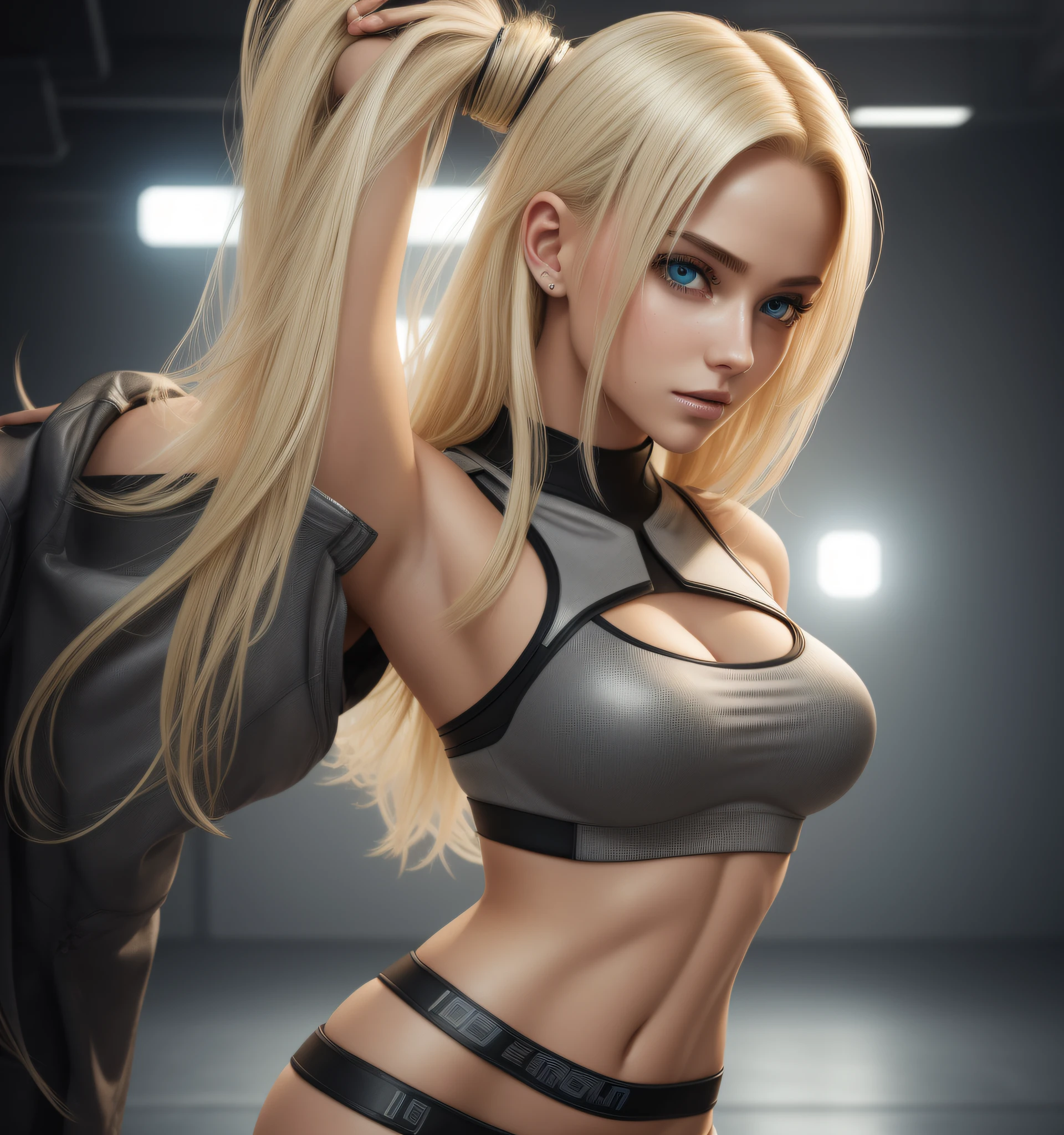 Best quality, ultra high res, photorealistic, SFW, with Cyberpunk 1girl sexy euro blonde hair is posing for a photo in a studio environment with a gray background, stand out, looking at the viewer, upper body, slender neckline, visible, croptop