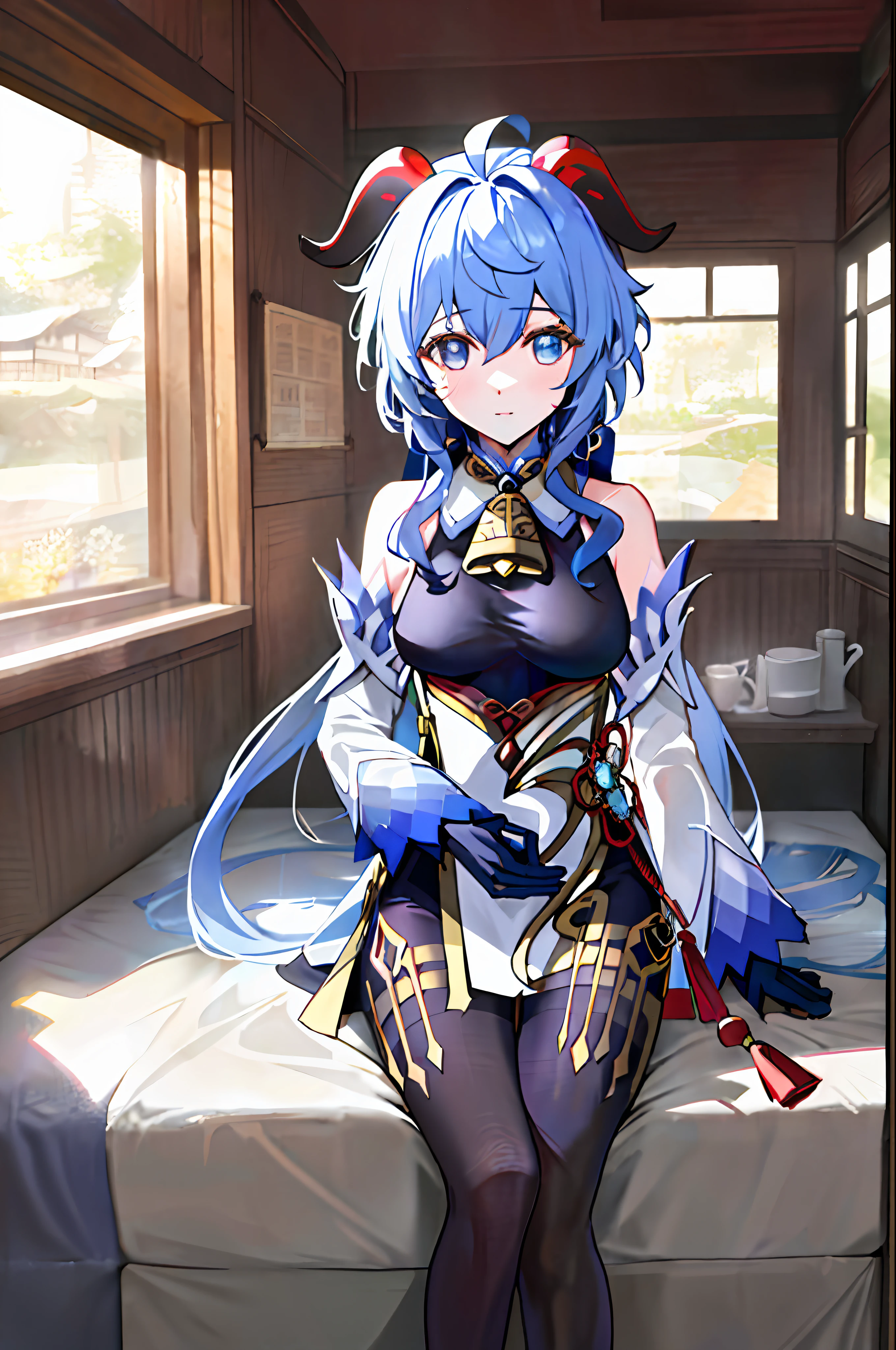 (photorealistic:1.4), (masterpiece, sidelighting, finely detailed beautiful eyes: 1.2), masterpiece*portrait, realistic, 3d face,
ganyu \(genshin impact\), 1girl, ahoge, architecture, bangs, bare shoulders, bell, black gloves, black pantyhose, (blue hair), blush, breasts, chinese knot, detached sleeves, flower knot, gloves, horns, long hair, looking at viewer, medium breasts, neck bell, hot,