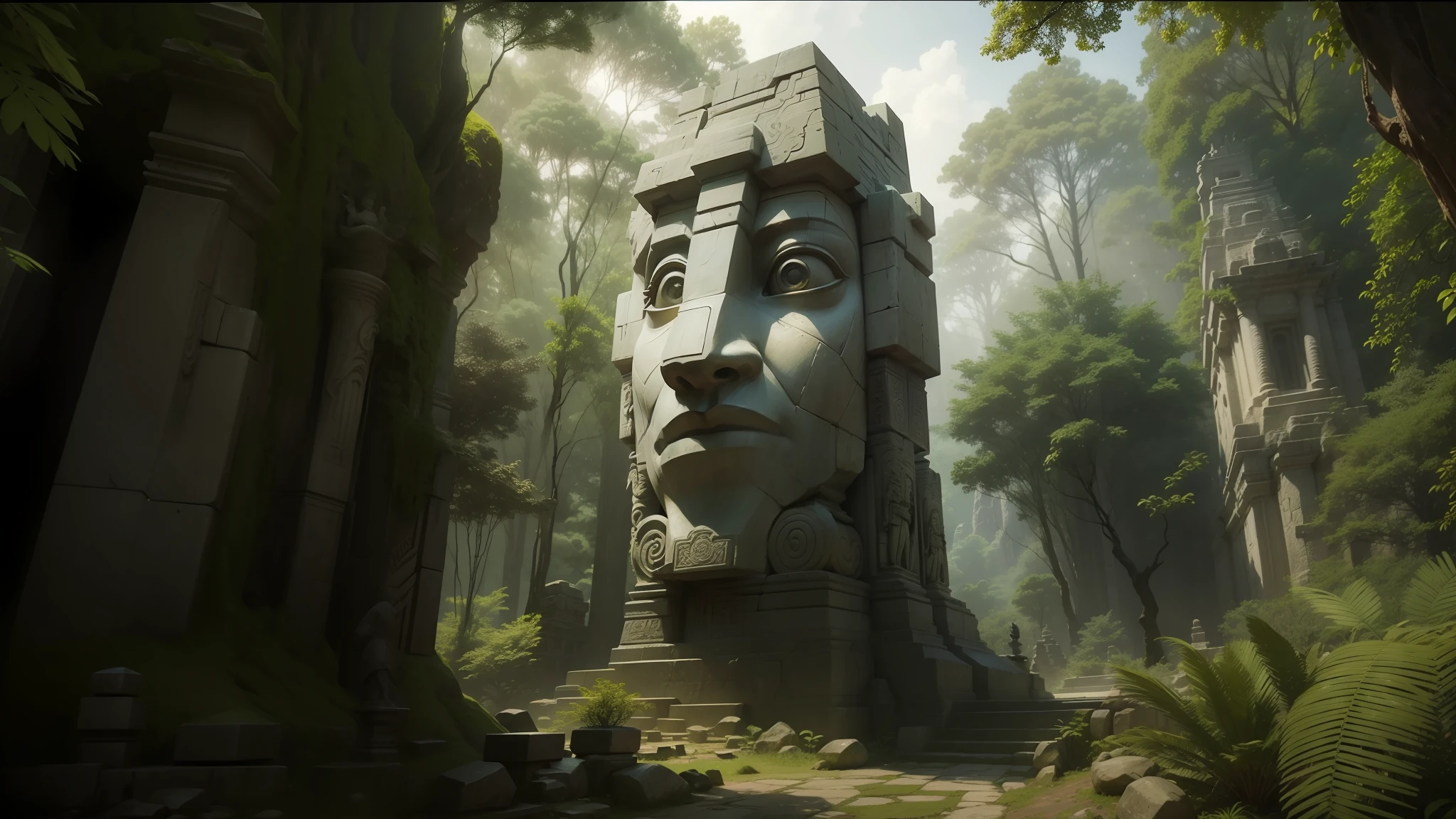 there is a large stone statue in the middle of a forest, stone eyes, unreal maya, cinematic imax footage, by Jang Seung-eop, Inca style, cybertronic Hindu temple, face close-up, playstation 3, autodesk, marvel movie still, tombs --auto --s2