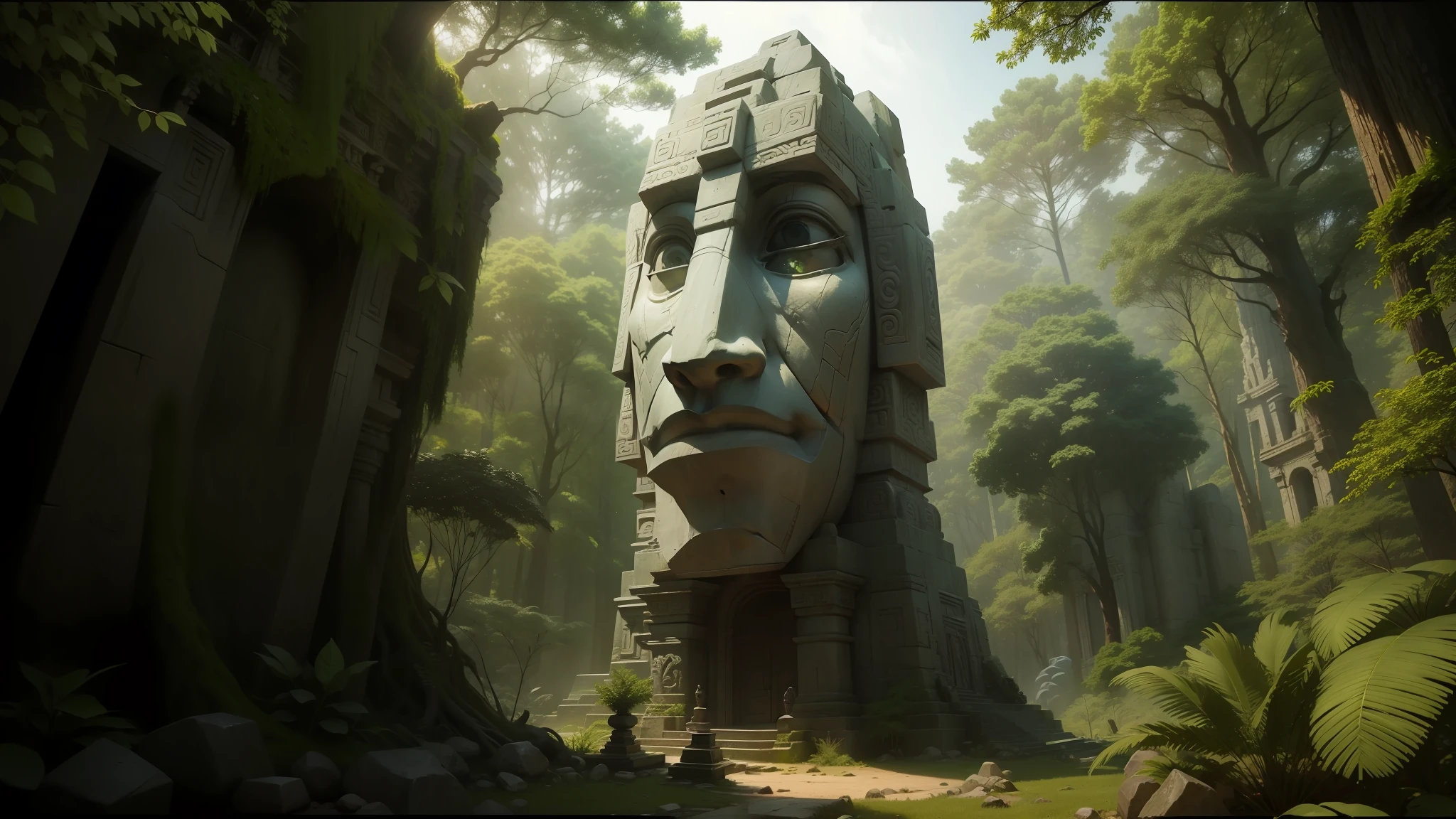 there is a large stone statue in the middle of a forest, stone eyes, unreal maya, cinematic imax footage, by Jang Seung-eop, Inca style, cybertronic Hindu temple, face close-up, playstation 3, autodesk, marvel movie still, tombs --auto --s2