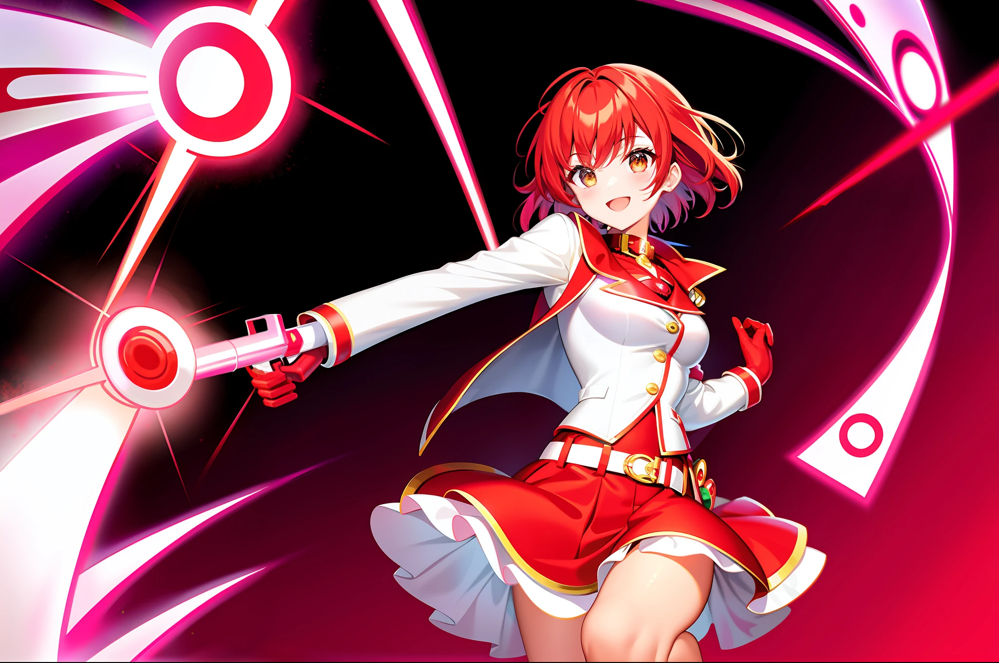 Magical girl fullbody Lazer gun back red color scheme braided hair wearing belt white and red color scheme short jacket fullbody short jacket Red hair white jacket red magical girl outfi red skirt