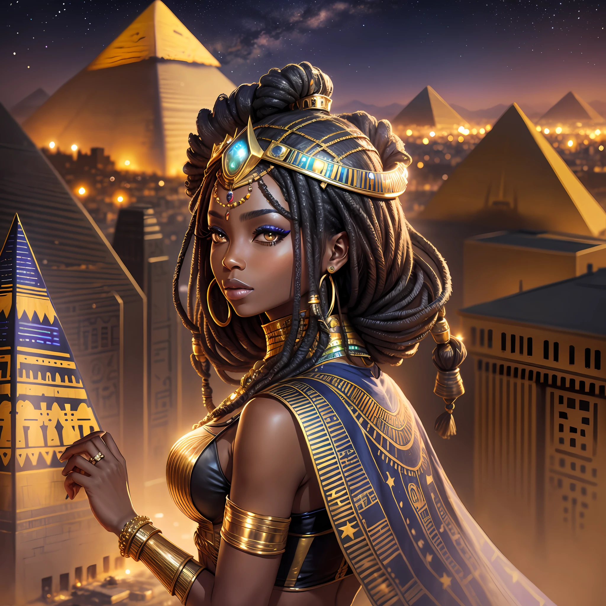 African queen, futuristic egyptian clothes, pyramids with neon, night listening, realistic sky, stars, woman with dreads, gold, jewelry,