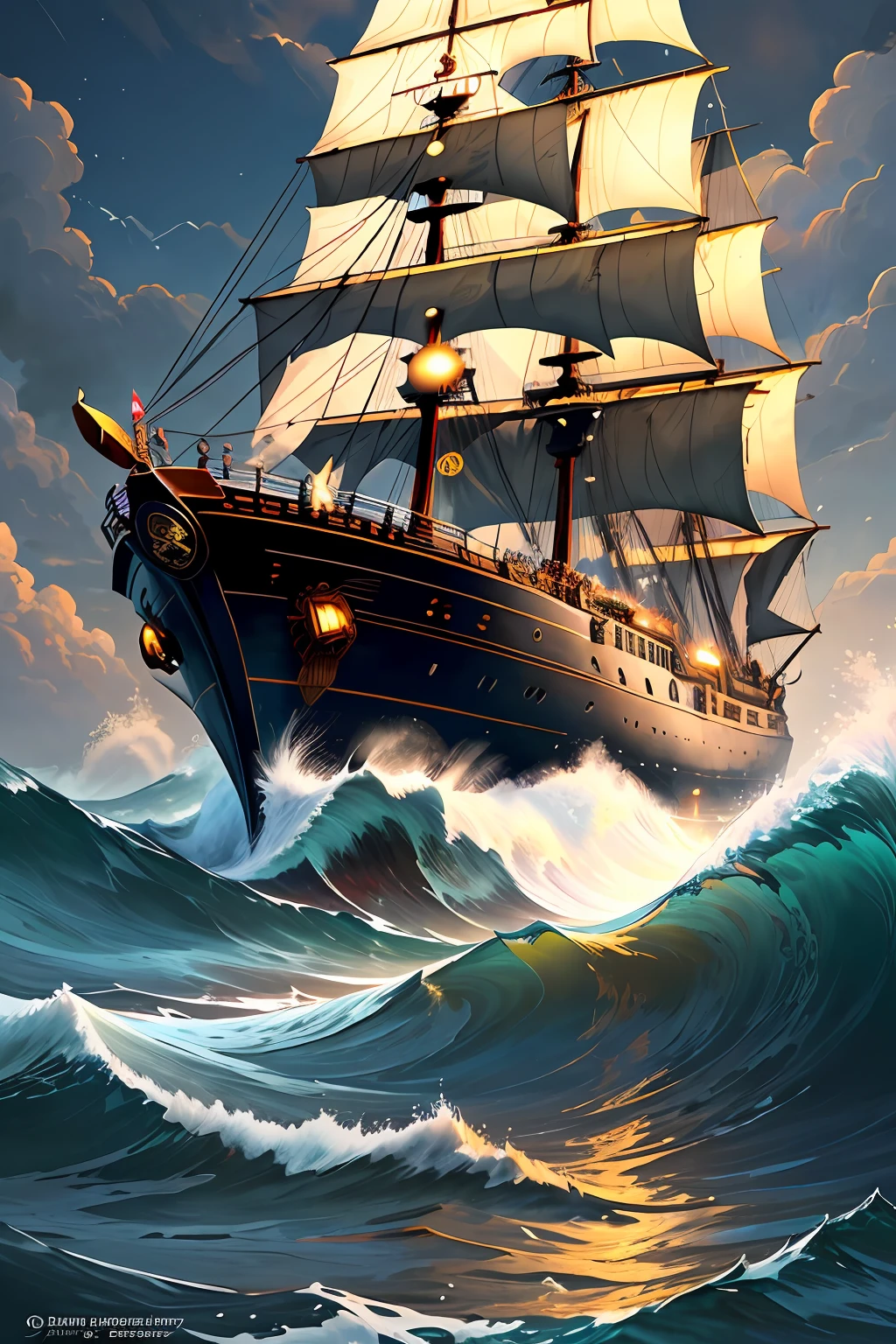 As the sun sank below the horizon, bathing the sea in its last rays of golden light, an imposing-looking man walked the deck of the pirate ship, the wind blowing his white hair and long, white beard. His amber eyes gleamed with a mixture of wisdom and determination, and a scar marked his face, witness to countless battles fought on the high seas. He was known as Captain Morgan, the legendary commander of the pirate ship "Black Storm". Dressed in a weather-beaten pirate outfit with a leather vest, worn pants and scuffed boots, he exuded an aura of experience and leadership. But what caught the most attention was his iconic pirate hat, trimmed with exotic feathers and gold trim, which complemented his intimidating image. The scenery around was pure adventure. The waves lapped against the ship's hull as the crew went about the routine tasks of pirate life. Cannons lined the length of the deck, ready to be fired at enemy ships, and sails fluttered in the wind, propelling the vessel on its quest for lost treasure. Captain Morgan masterfully led his crew, combining strategic skill with a charismatic nature. His name echoed across the seven seas, striking fear in the hearts of those who dared to cross his path. But under their authority, there was also a sense of justice, and the pirates of the "Black Storm" were known to share the looted treasures with those who had been oppressed by the powerful. As the ship sailed the seas, searching for a legendary treasure hidden on a remote island, Captain Morgan kept his amber eyes fixed on the horizon. He knew the path would be fraught with dangers and challenges, but he was determined to face them. His scar was a constant reminder of his courage and tenacity, proof that he had survived countless battles. As night fell and stars dotted the darkened sky, Captain Morgan and his crew continued their journey into the unknown. Under the moonlight, the man with white hair and white beard led his pirate ship, ready to face the challenges