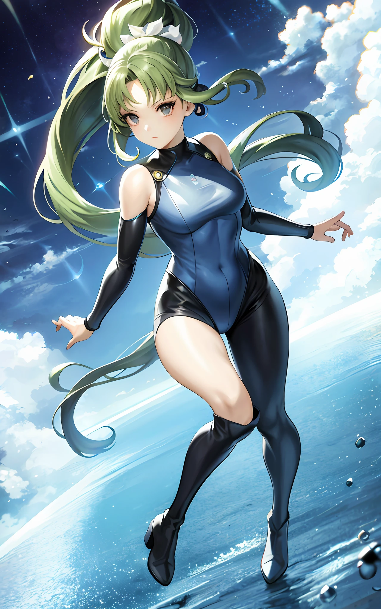 Masterpiece, top quality, Iori Fuyusaka 1, 1 girl, solo, (transparent bodysuit), hair flowers, hair ornaments, (exposed shoulders and thighs)), exposed abdomen, plump body, long high ponytail hair, full body, green hair, long boots, gray eyes, looking at the viewer, very detailed urban background, (ulzzang-6500: 0.8)