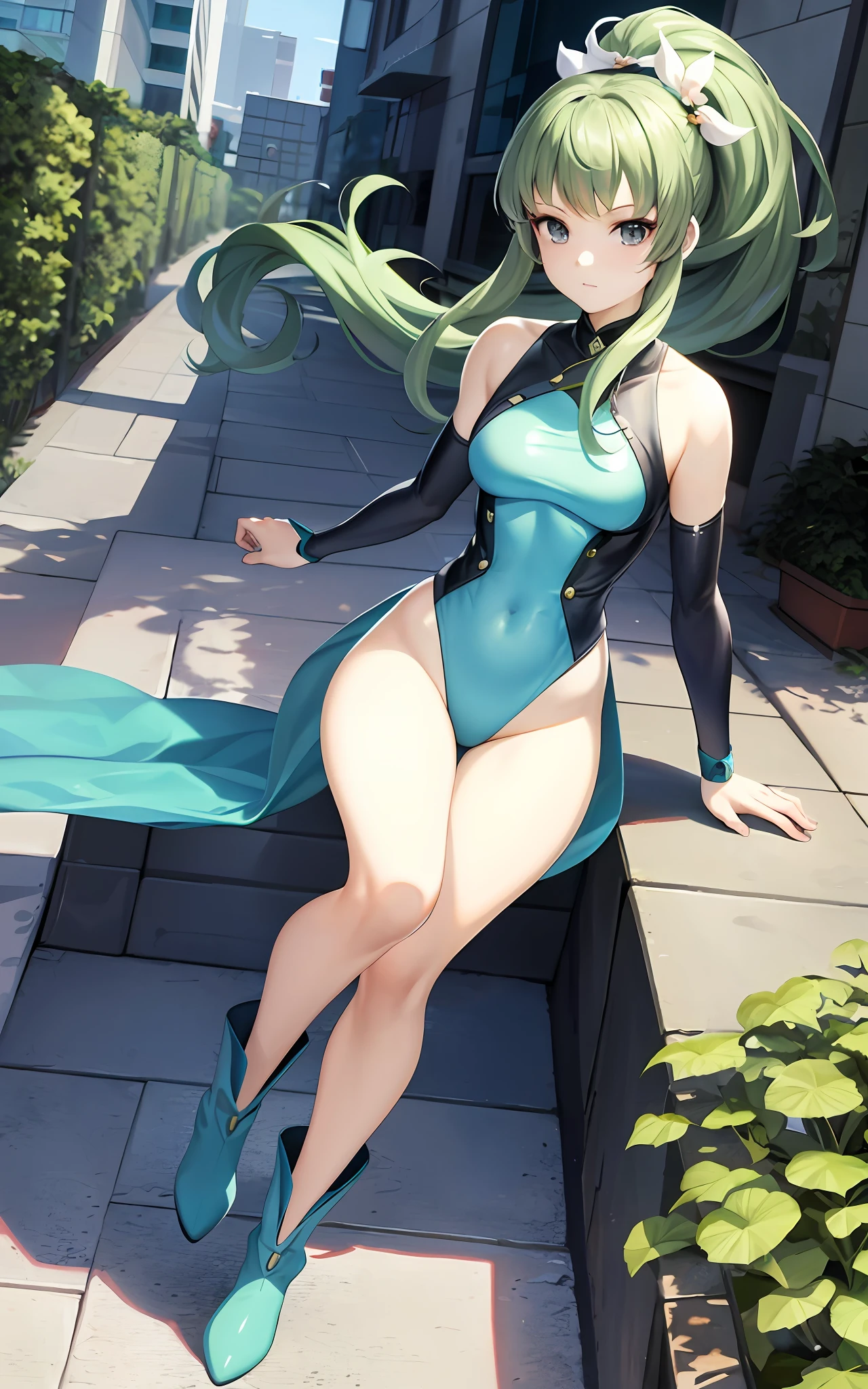 Masterpiece, top quality, Iori Fuyusaka 1, 1 girl, solo, (transparent bodysuit), hair flowers, hair ornaments, (exposed shoulders and thighs)), exposed abdomen, plump body, long high ponytail hair, full body, green hair, long boots, gray eyes, looking at the viewer, very detailed urban background, (ulzzang-6500: 0.8)