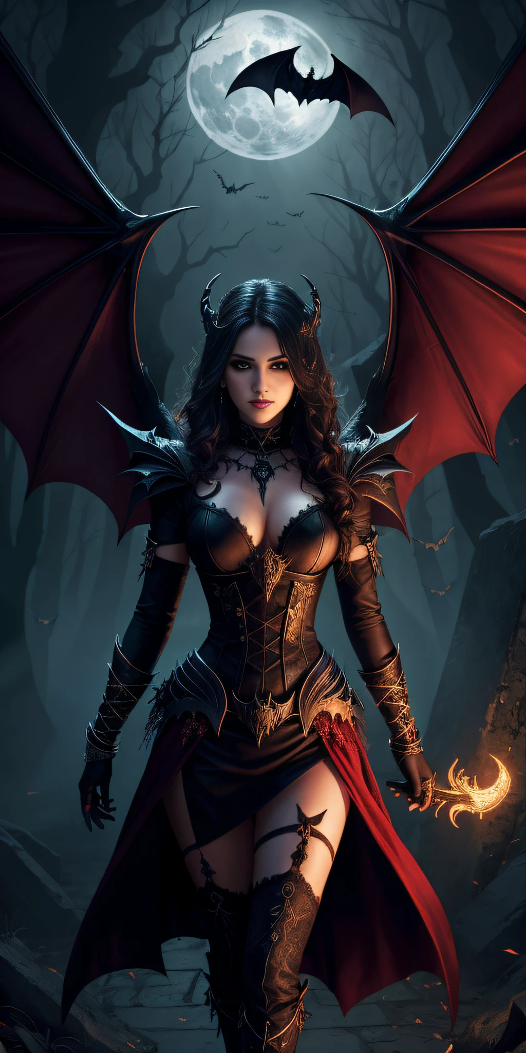 Fine, (Best Illustration), 8k Resolution, Intricate Details, Best Quality, Realistic, Ultra Detailed, Best Lighting, Best Shadows, Ultra HD, A Necromancer, Night, Magic, Dark Style, Vampire, Bat wings, red glowing eyes