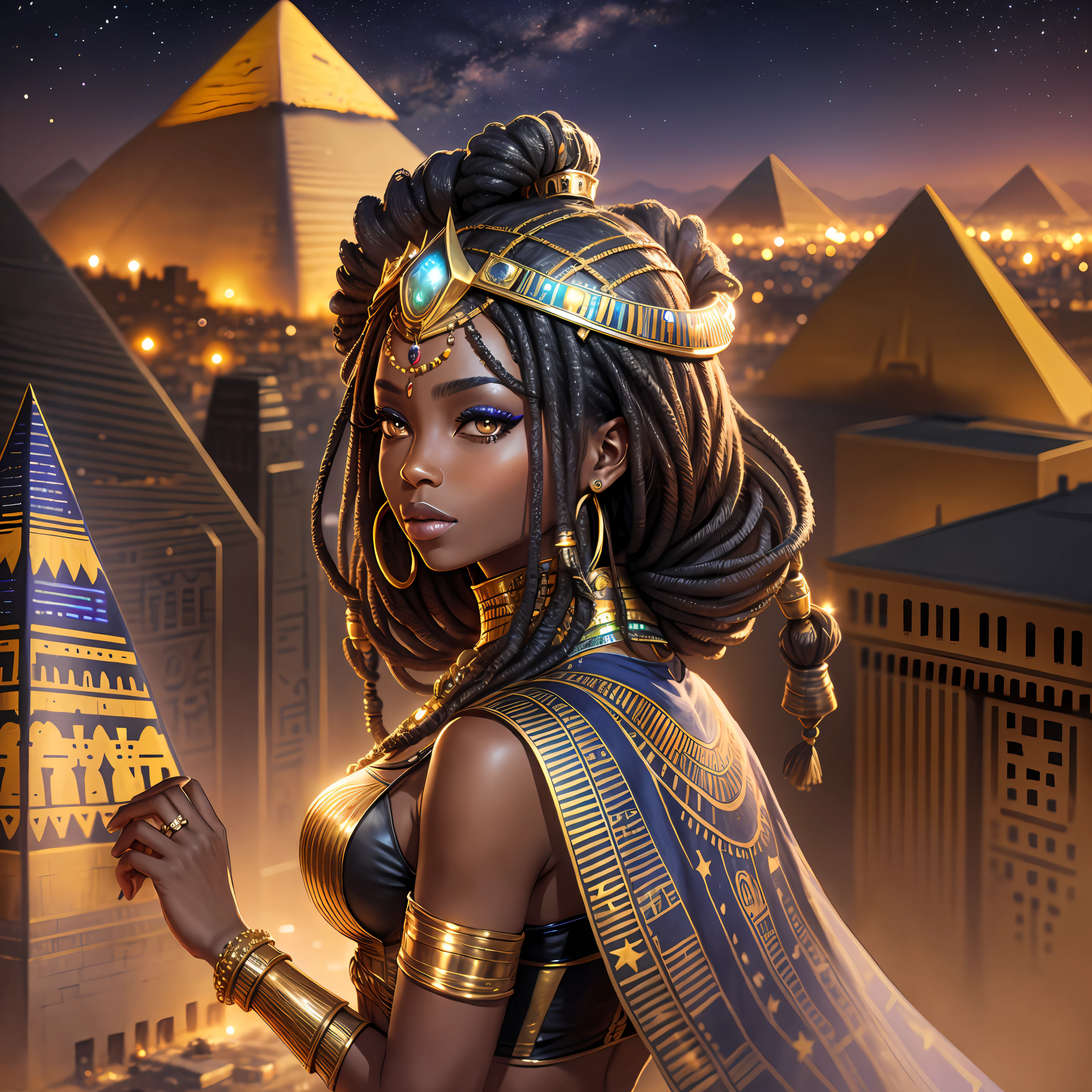 African queen, futuristic egyptian clothes, pyramids with neon, night listening, realistic sky, stars, woman with dreads, gold, jewelry,