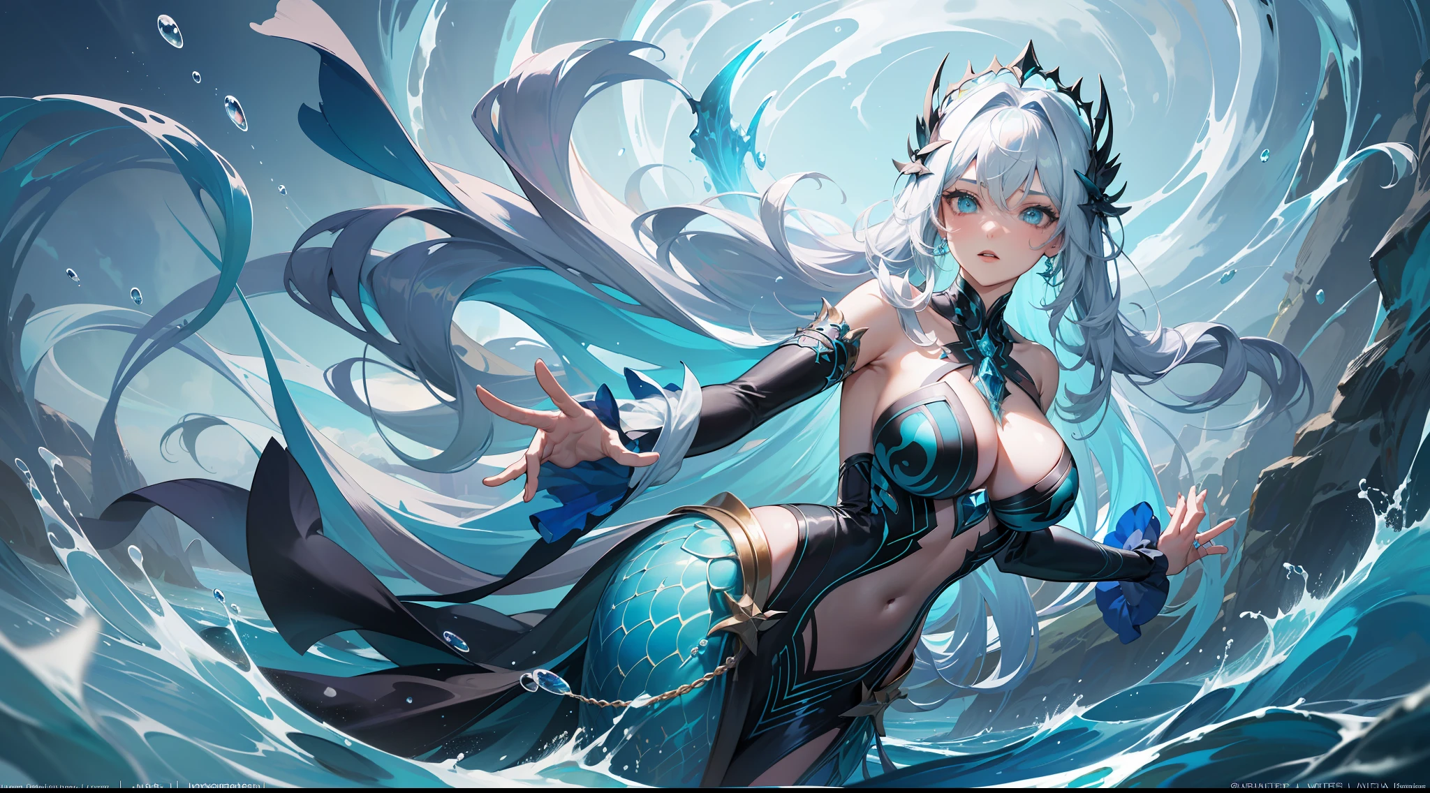 Oceana's Splash Art, the Mermaid of the Abyss, is a dazzling vision of power and mystery. The scene shows the champion emerging majestically from the depths of the ocean, surrounded by a whirlwind of water and currents. It occupies the center of the composition, capturing the immediate attention of those who observe it.
Oceana has an impressive appearance, with long silvery hair that floats around it like seaweed, shining in the light of the sun's rays penetrating the dark waters. His graceful body is half human, half fish, with an iridescent skin that changes color, ranging between shades of deep blue and shimmering green. Its tail is magnificent, composed of silvery scales that seem to emit an ethereal glow.
His eyes, an intense and piercing blue, are enigmatic and hypnotic, emanating an aura of power and wisdom. Oceana's face is beautiful and delicate, with soft features and a serene but mystery-laden expression.
Oceana's posture is haughty and confident, her hands stretched forward, emanating an intense blue glow. Through your fingers, you can see water spells being woven, forming complex patterns in the air. The water around him seems to obey his commands, creating a magical and imposing aura.
In the background of Splash Art, one can see a stunning underwater landscape, with colorful corals, rippling algae and the silhouette of exotic sea creatures swimming around. The lighting is composed of a combination of shades of blue and green, giving a sense of depth and mystery to the underwater environment, splashart, body lines, vibrant colors, exquisite details, cinematic, artstation, detailed face, by rossdraws, by Kienan Lafferty