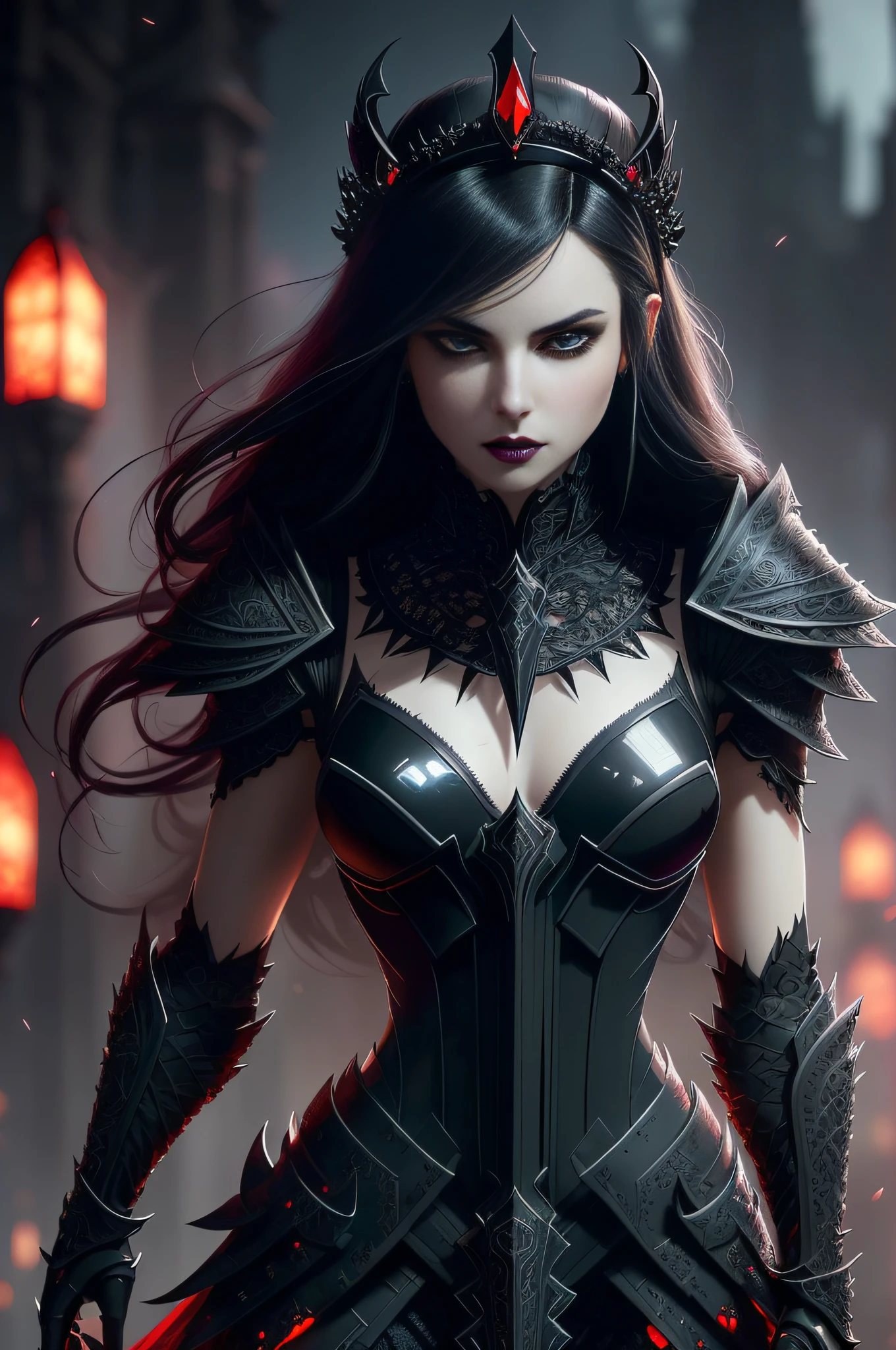 analog style, ((intricate details)), full torso, cold lighting, beautiful, ((pale gothic evil princess)), (black hair), (intricate), ((skeletal scanty onyx armor)), ((intricately pointed obsidian crown)), ((intense shadows)), ((thick outlines)), dynamic pose, flowing hair, perfect face, (realistic eyes), round iris, (((red eyes))), perfect eyes, intricate, complex, Helios 44-2, swirling bokeh, trending on art station,  sharp focus, studio photo, intricate details, high detail, sharpness, character portrait, perfect lighting, (((illustration style, masterpiece, authors artgerm and greg rutkowski) )) cinematic lighting, 8k, full height, beautiful legs