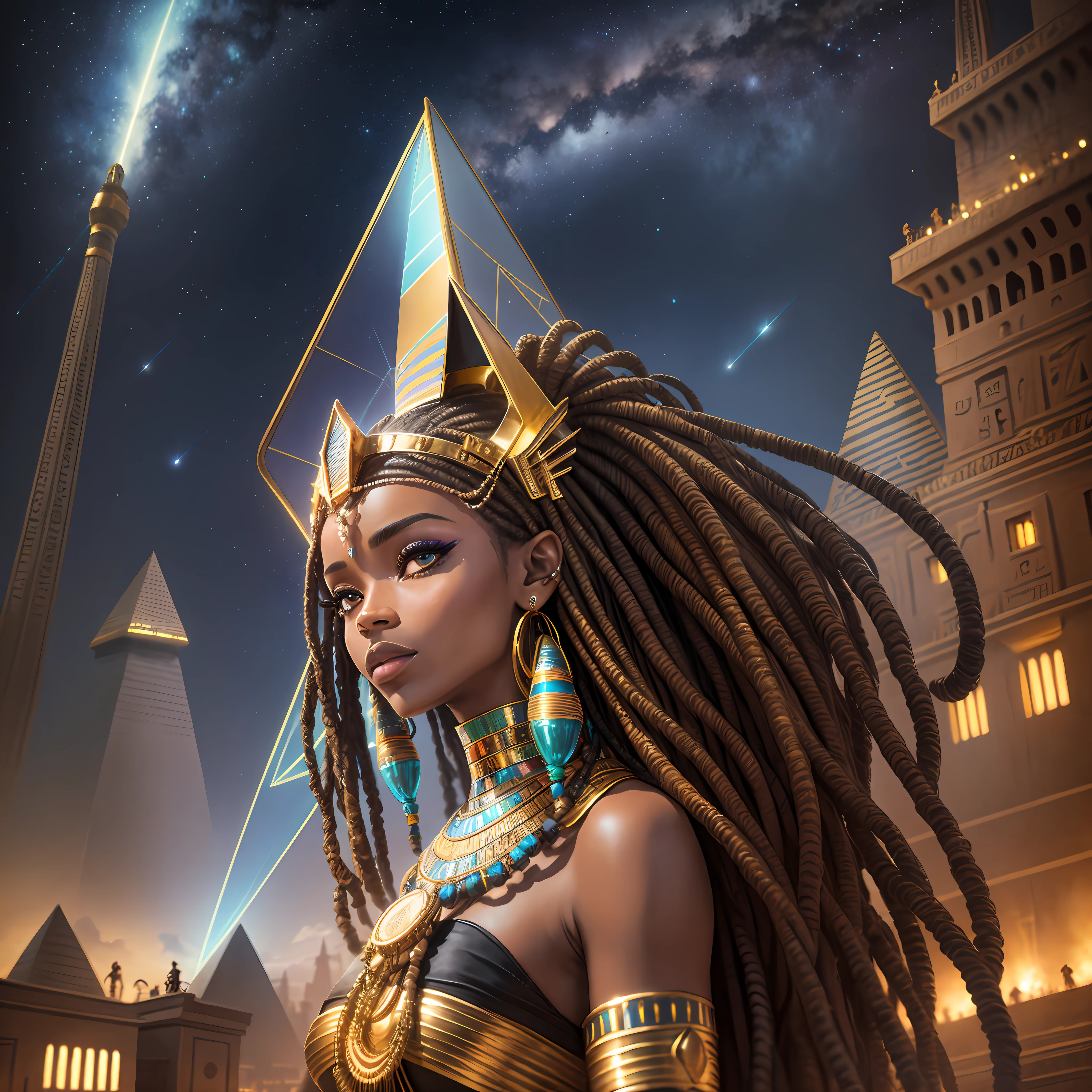 African queen, futuristic egyptian clothes, pyramids with neon, night listening, realistic sky, stars, woman with dreads, gold, jewelry,