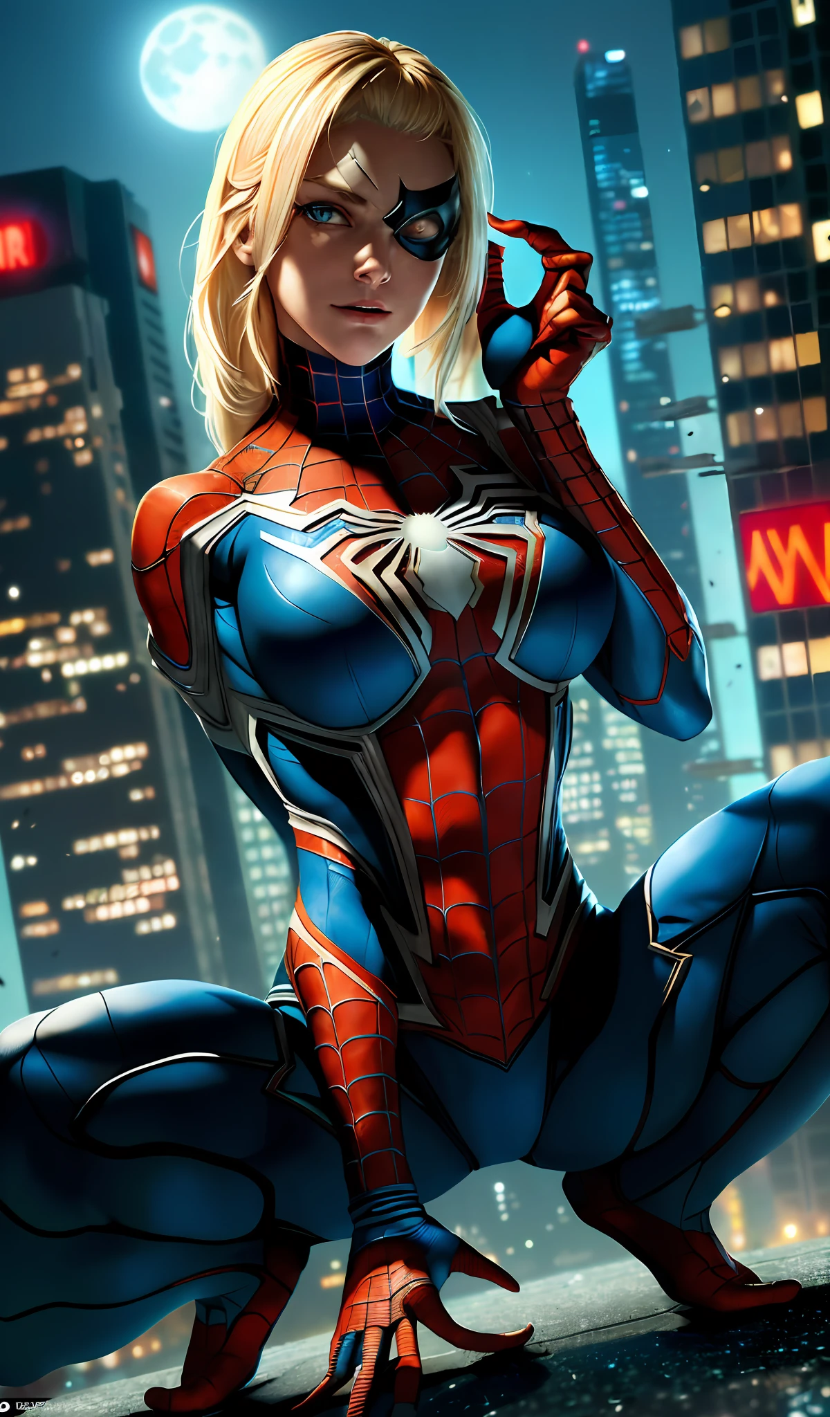 (Masterpiece, 4k resolution, ultra-realistic, very detailed), (White superhero theme, charismatic, there is a girl at the top of the cyberpunk city, neon, neon signs, wearing a spyder Gwen costume, she is a superheroine), [ ((beautiful), (long blond hair: 1.2), (big breasts in deep neckline: 1.2), whole body, (blue eyes: 1.2), ((dynamic Spider-Man pose), show of strength,  jump from one building to another), ((cyberpunk urban environment):0.8)| (cityscape, night, dynamic lights), (full moon)))], (beautiful hands, beautiful fingers, well drawn hands, delicate hand) no mask, big cameltoe, cute face