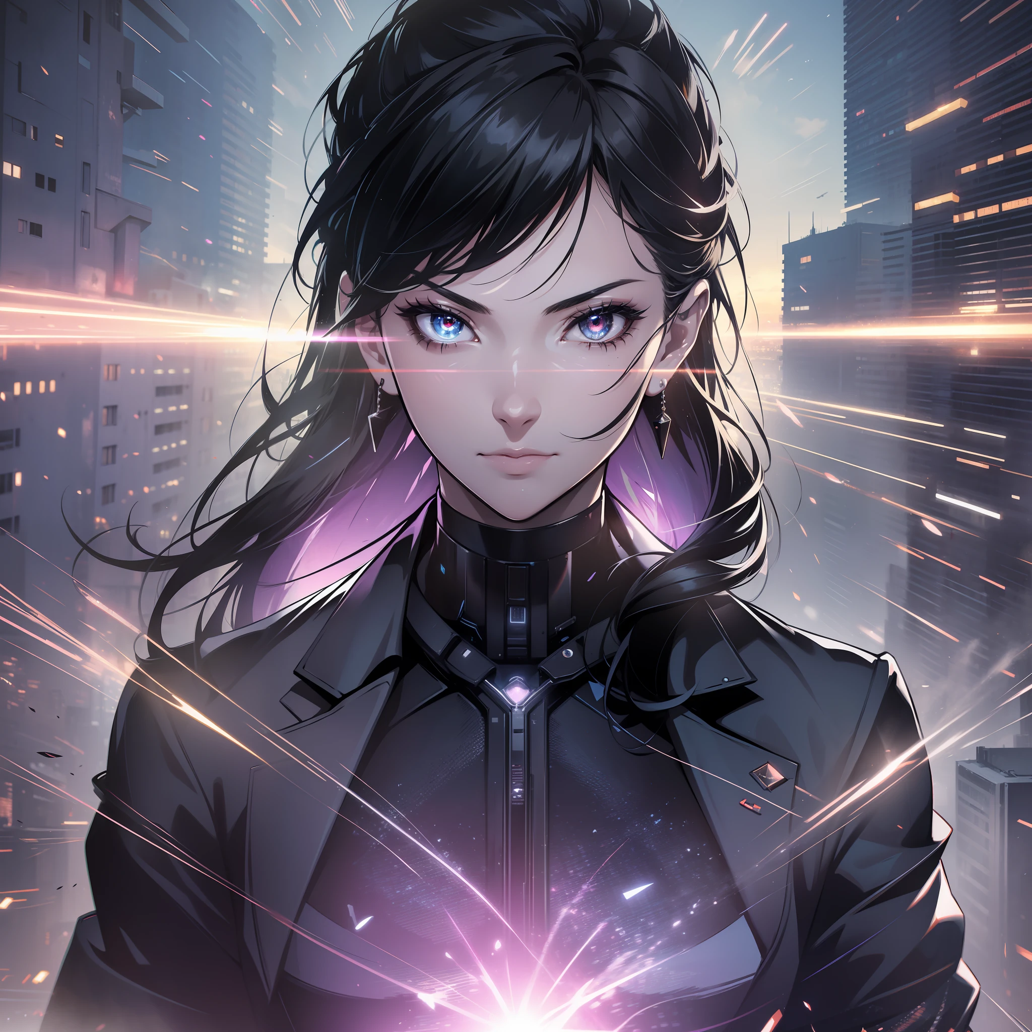 16K, HDR, RTX, raytracing, cinematic lighting, lens flare, absurdres, best qaulity, masterpiece, perfect anatomy, highly detailed face, highly detailed eyes, 1girl, solo, wearing black business suit, white shirt, ultra realistic, long black ponytail, extremely beautiful, edgy, cool, evil aura, windy, glowing eyes, serious expressions, dystopian city, futuristic, detailed background, award winning, neon lights, trending on art station, swirling light particles, upward wind effect,