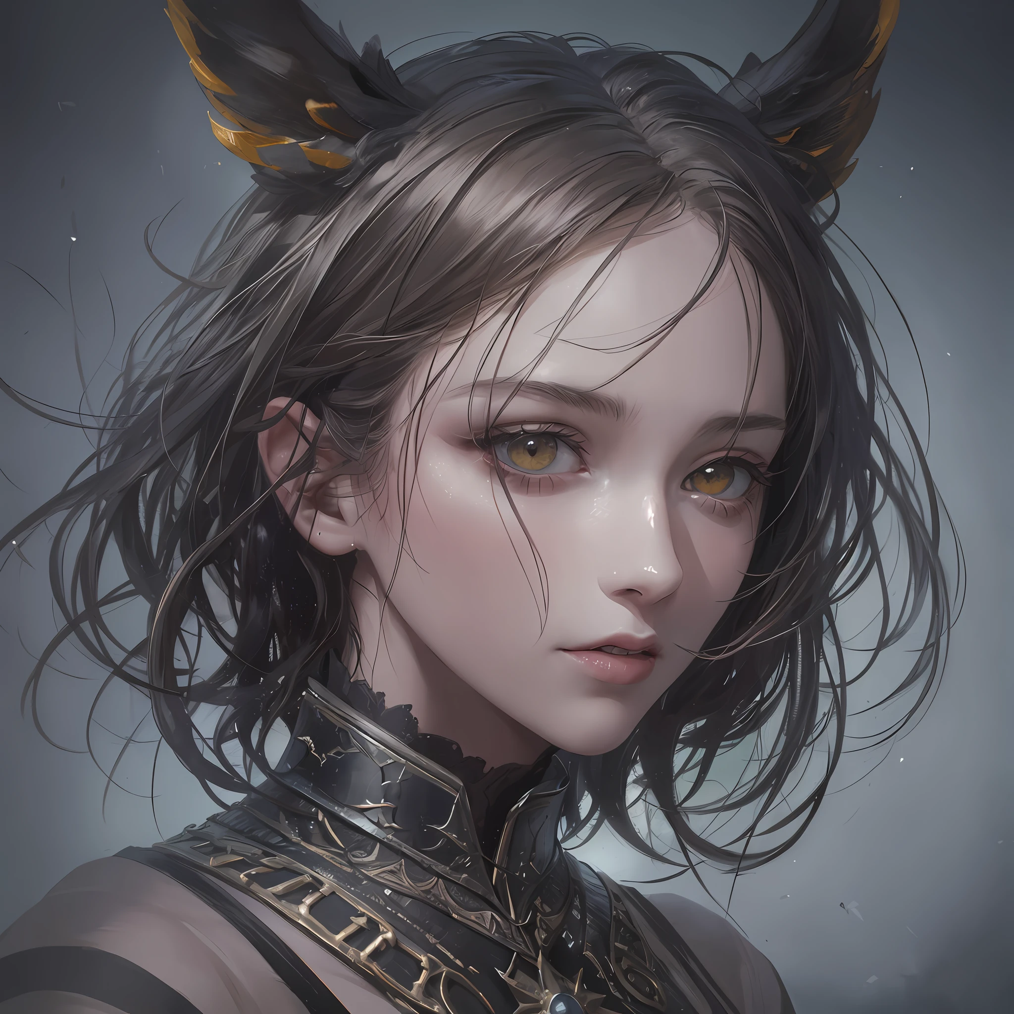 Surrealistic portrait: Create a portrait of a character by mixing realistic and surreal elements. For example, you can combine the human face with elements of animals, plants or inanimate objects.front focus), (in the dark:1.6), portrait, fantasy art, realistic photo, dynamic lighting, artstation, poster, volumetric lighting, very detailed faces, 4 k, award-winning --auto --s2