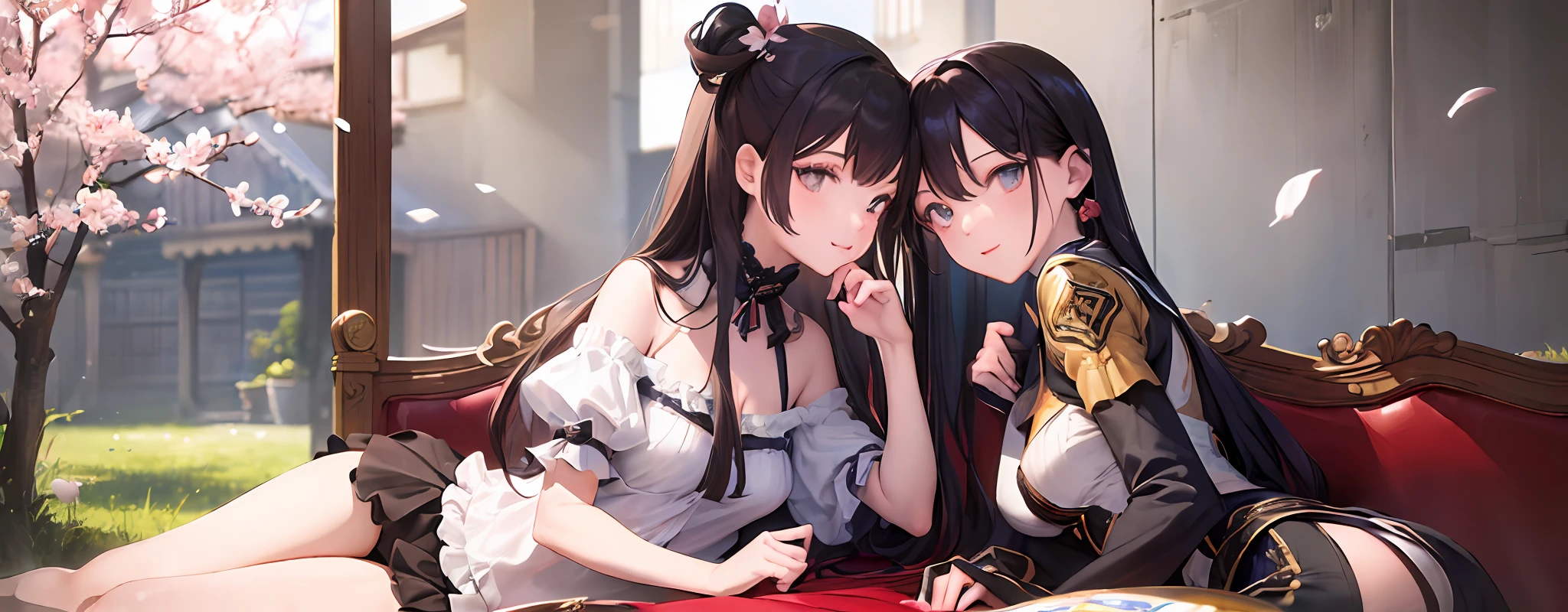 ((masterpiece, best quality)), 2girls, several girls, lying on the couch, dress, short sleeves, looking at the viewer, looking back, cherry blossoms, long hair, wet, shiny skin, thighs, smile, outdoors, bangs, sunlight, sunlight dappled, day, depth of field, standing