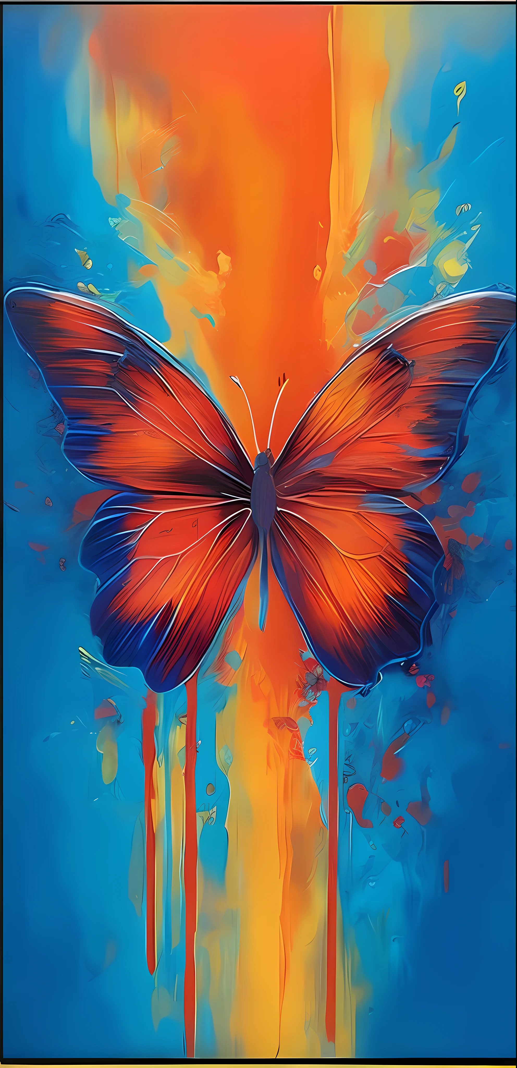 a painting of a butterfly with orange wings on a blue background, butterfly pop art, the butterfly goddess of fire, butterfly, harmony of butterfly, orange and blue colors, 2020, 2 0 2 0, poster colour on canvas, strong blue and orange colors, beautiful art, amazing depth, jim warren, high definition art, blue and orange, amazing