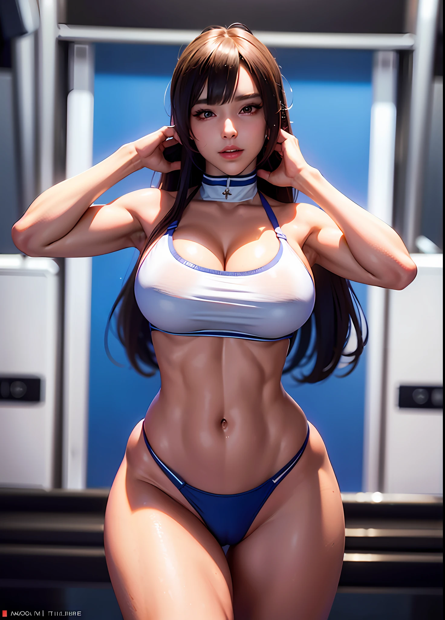 Mirko as an sexy Azur Lane waifu, hololive, large breasts, curvy and super thick, six pack abs, covered in body oil, sexy pose alone at the gym, tight leggings exposing her camel toe, wearing micro bikini, sexy breast indentation, aroused, sfw, one girl, solo, perfect body, perfect face, perfect hands, perfect fingers, perfect lips, perfect eyes, perfect background, perfect vibe, professional quality photography, highest resolution, 8k, ray tracing, volumetric lighting, octane render, ultra detailed azur lane waifu