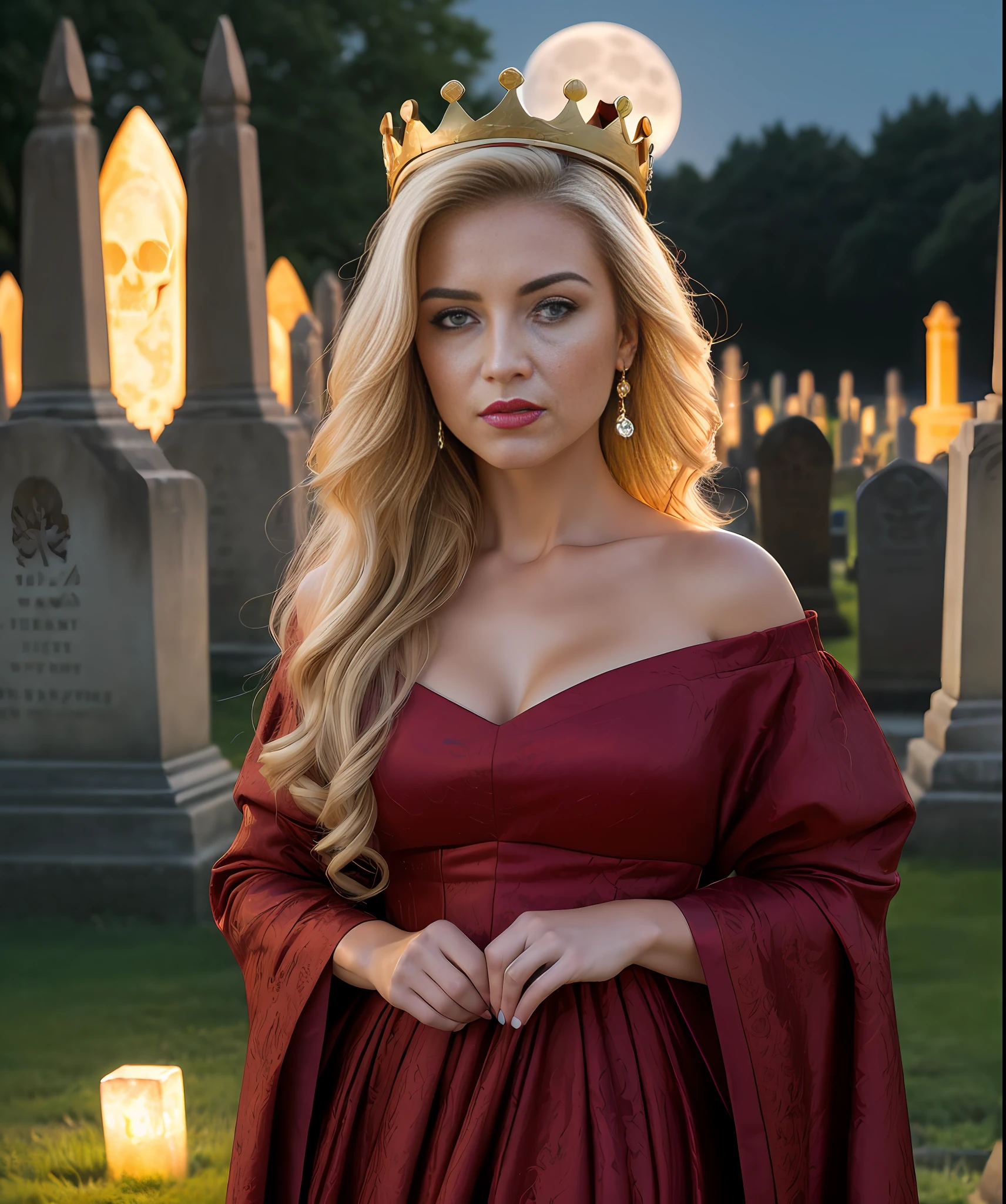 masterpiece, best quality, 8k, sharp focus, ((superrealistic)), high details, raw photo portrait, a blonde woman with white locks, light brown eyes, queen's crown, red lipstick, sitting in a grave, long red dress, in a cemetery, ((holding a skull)), ((night)), graves, tombstones, (((full moon)) photo taken at night, angry, angry, (((depth of field))):1.8 The expression lines on her face can be seen clearly. The texture of your crown and clothes is exceptionally well detailed.